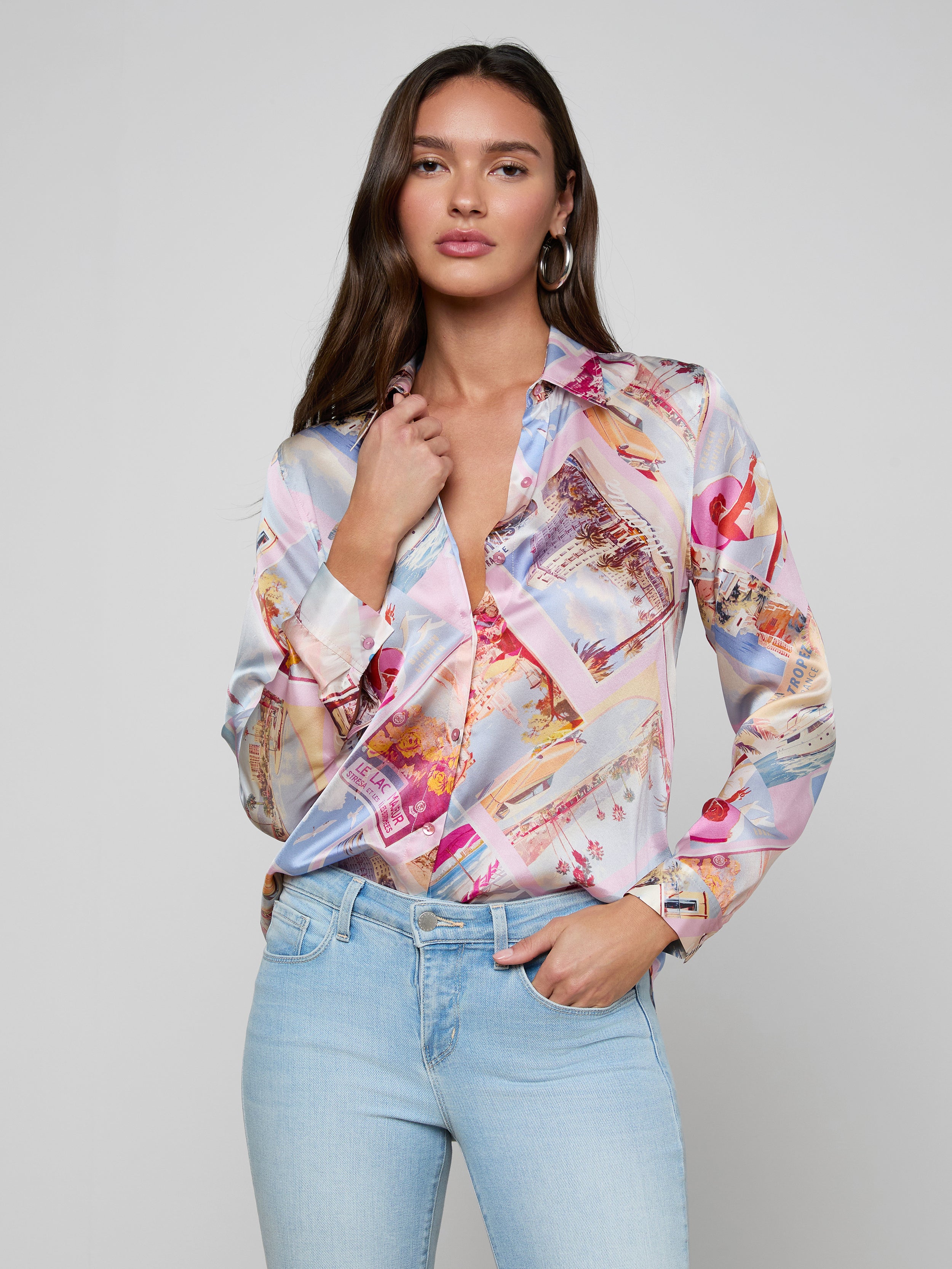 Tyler Silk Blouse Top In Light Pink Multi Large Postcard Print