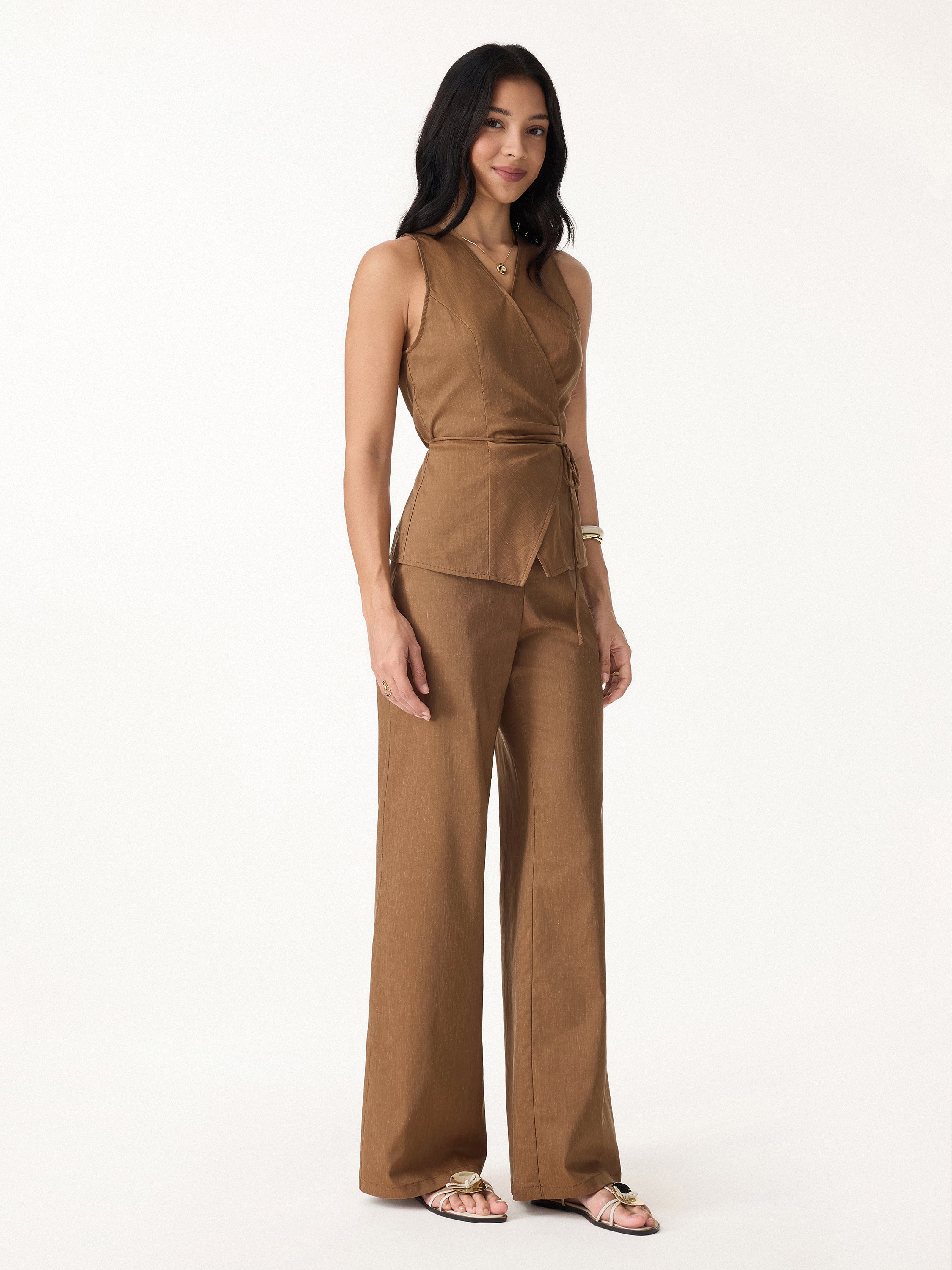 2Pcs Set Wrap Top with Self-Tie & Drawstring Wide Leg Pants with Pockets - Tree Brown / XS