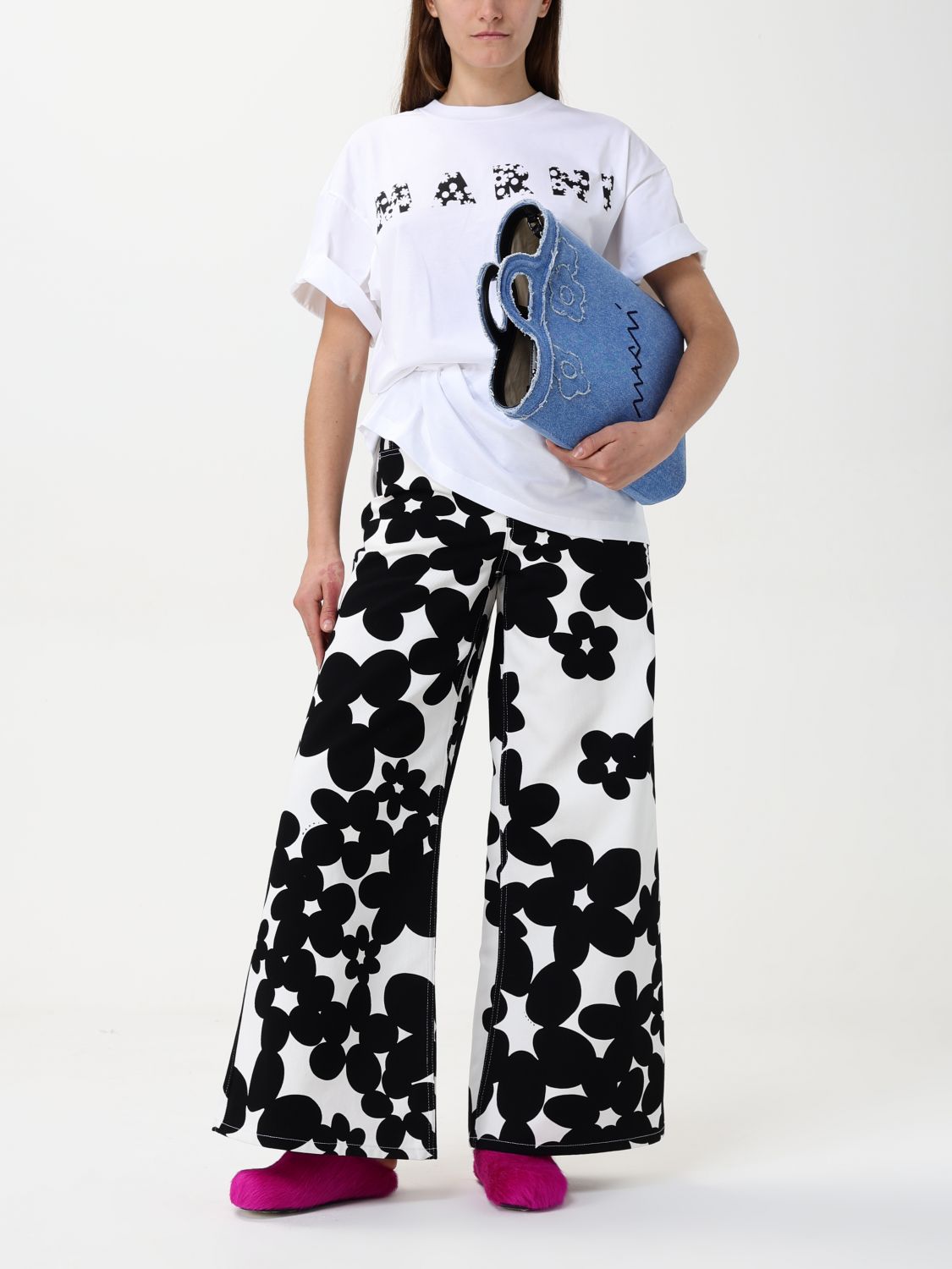 Floral-print flared trousers - Black