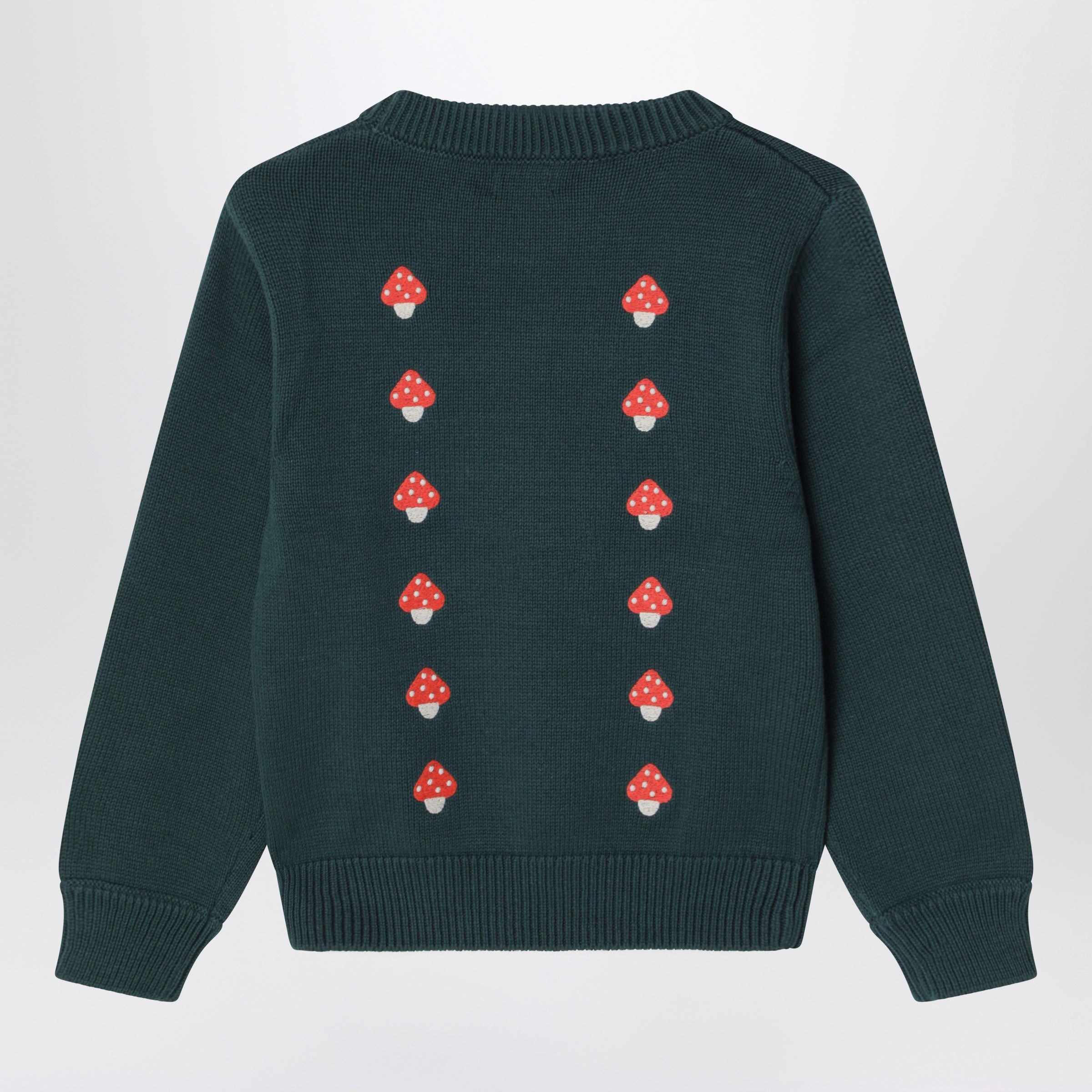 Dark green cotton sweater with embroidered mushrooms