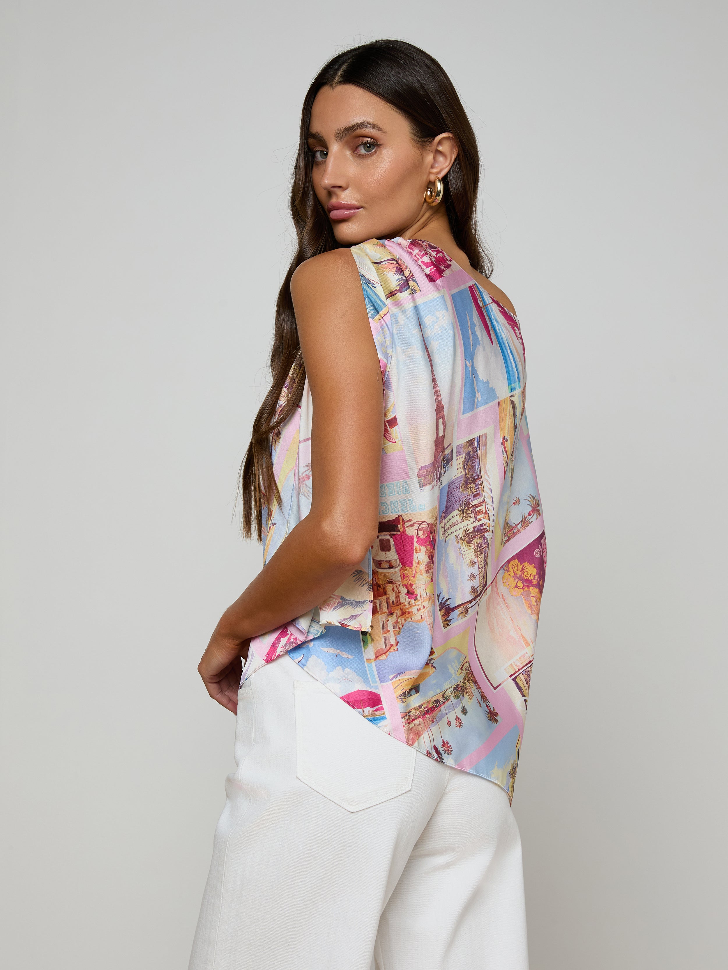 Driselle Scarf Top In Light Pink Multi Large Postcard Print