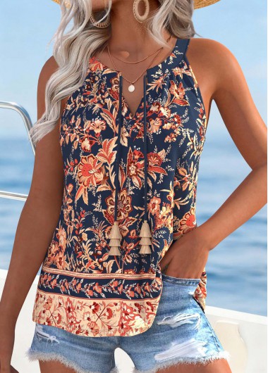 Modlily Multi Color Shirred Floral Print Sleeveless Tank Top