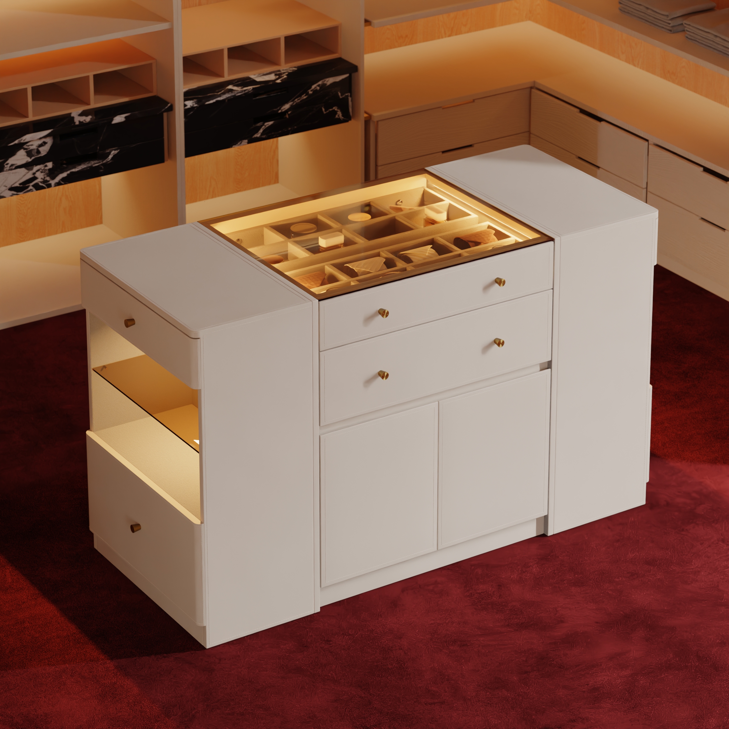 Selvo Saddle Leather Glass Top Closet Island with Storage, Light and Jewelry Display