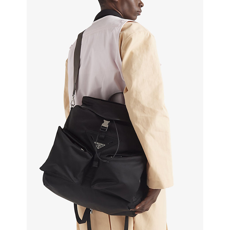 Mens Black Re-Nylon Recycled-nylon and Leather Backpack 