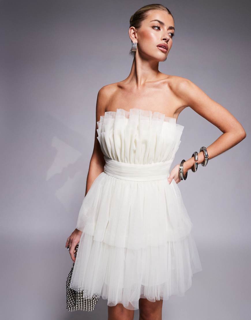 Lace & Beads tiered structured mini dress in ivory-White