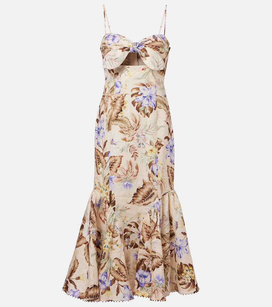 Coco bow-detail floral linen midi dress