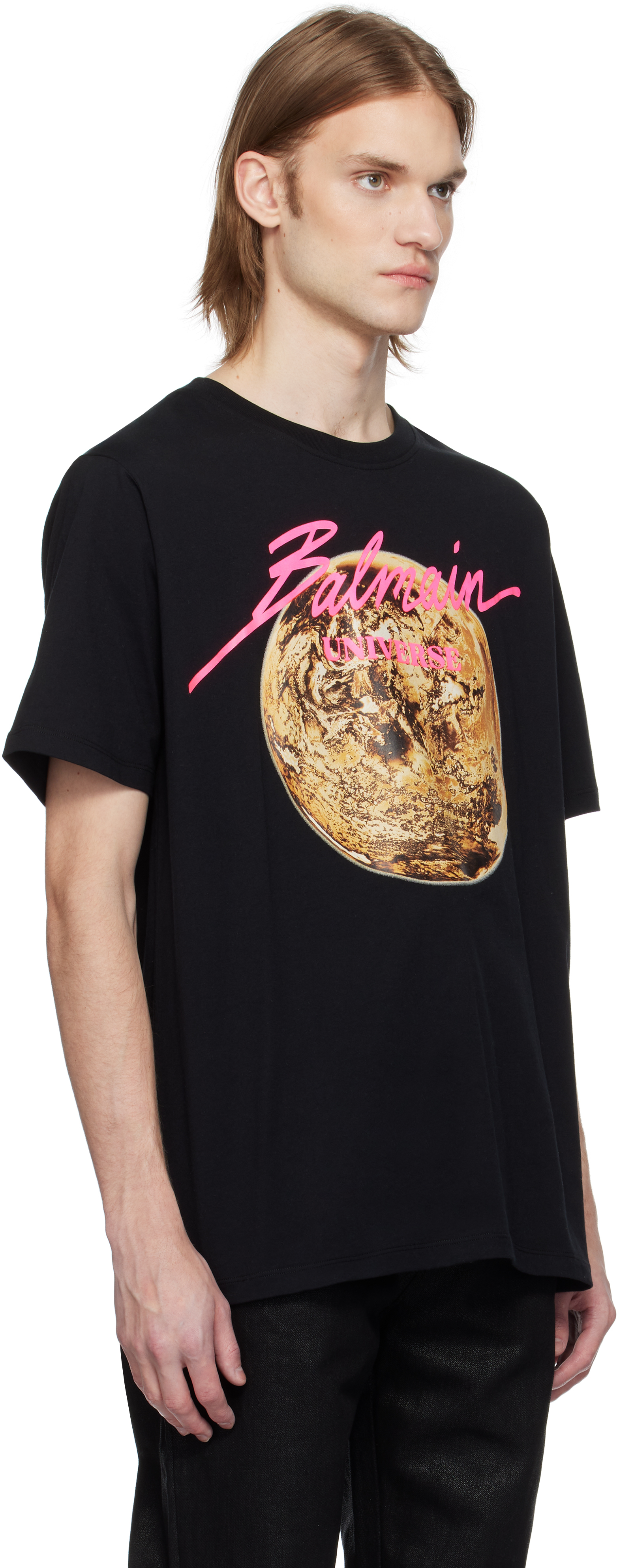 Balmain Black Printed 'Balmain Universe' Logo & Planet T-shirt
