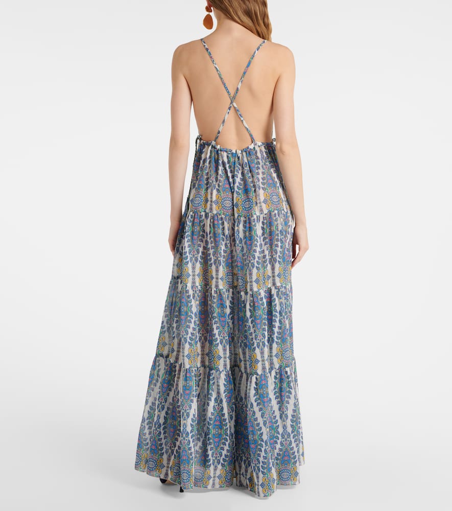 Printed tiered cotton and silk maxi dress