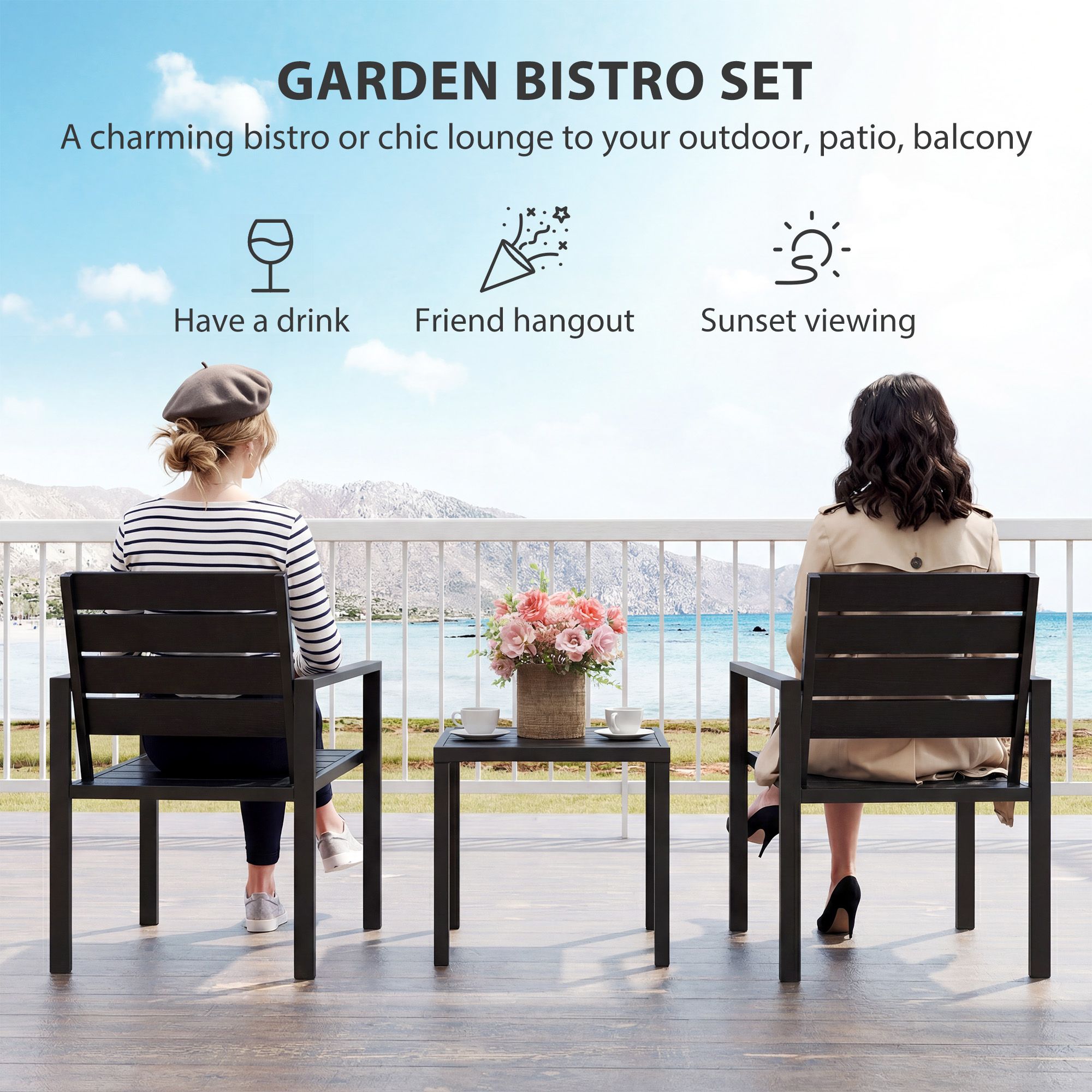 Outsunny 3 Pieces Garden Bistro Set For 2, Outdoor Bistro Table And Chairs In Black