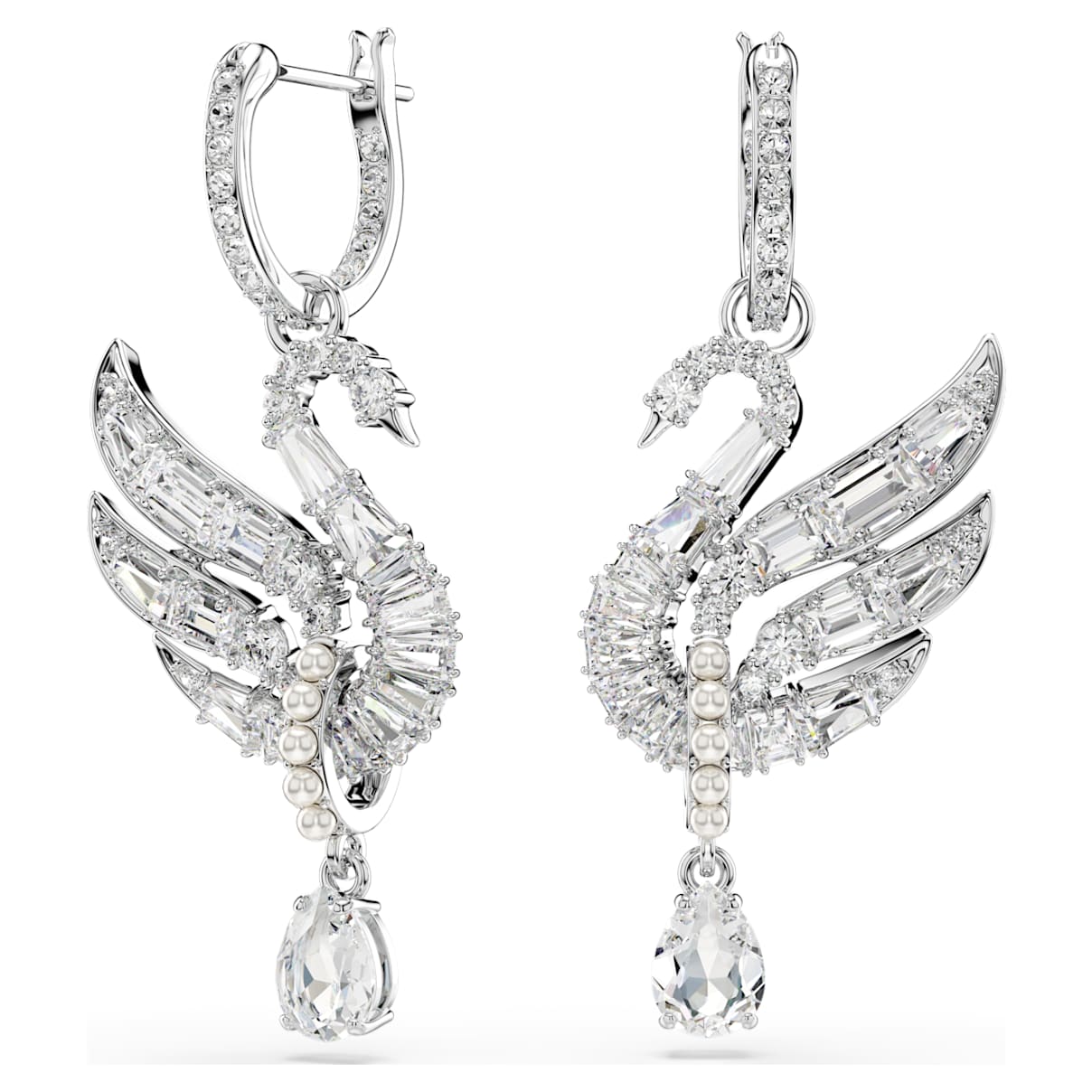 Swan earrings, Swan, White, Rhodium plated