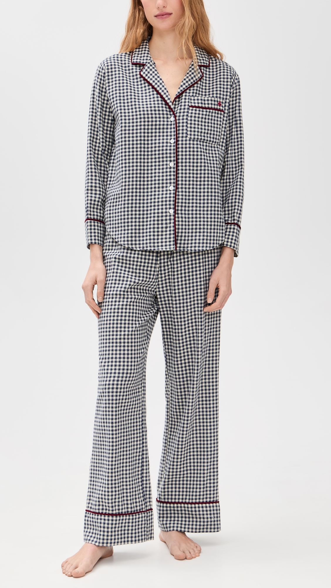 Flannel Gingham Piped Pajama Set Navy Gingham