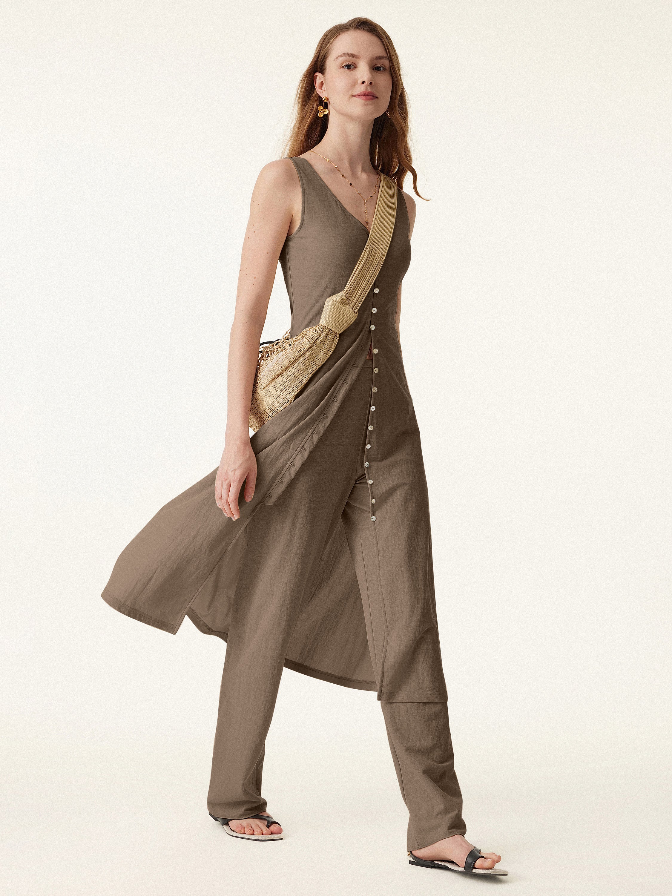 2Pcs Set V-neck Button Front Midi Vest Dress & Mid Rise Straight Leg Pant - Jara / XS