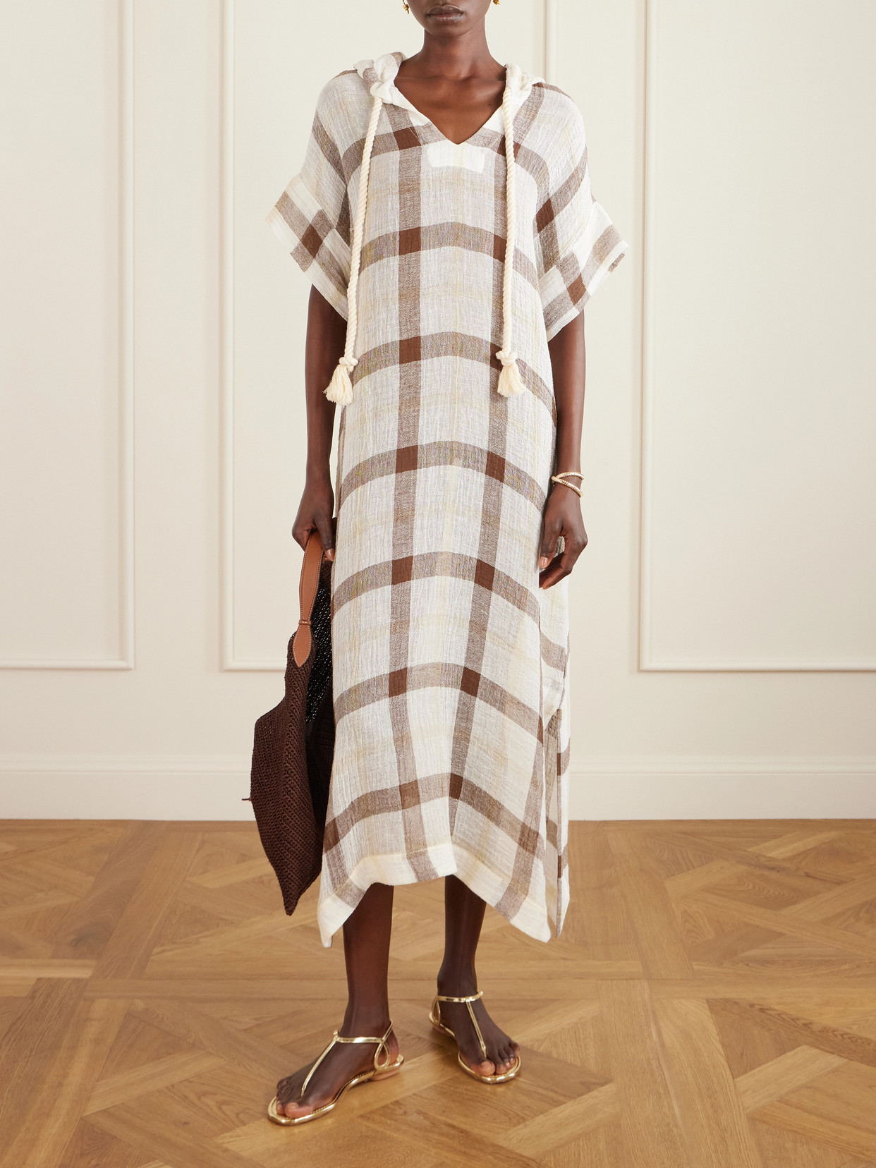Hooded Checked Linen-blend Crepon Kaftan - Multi