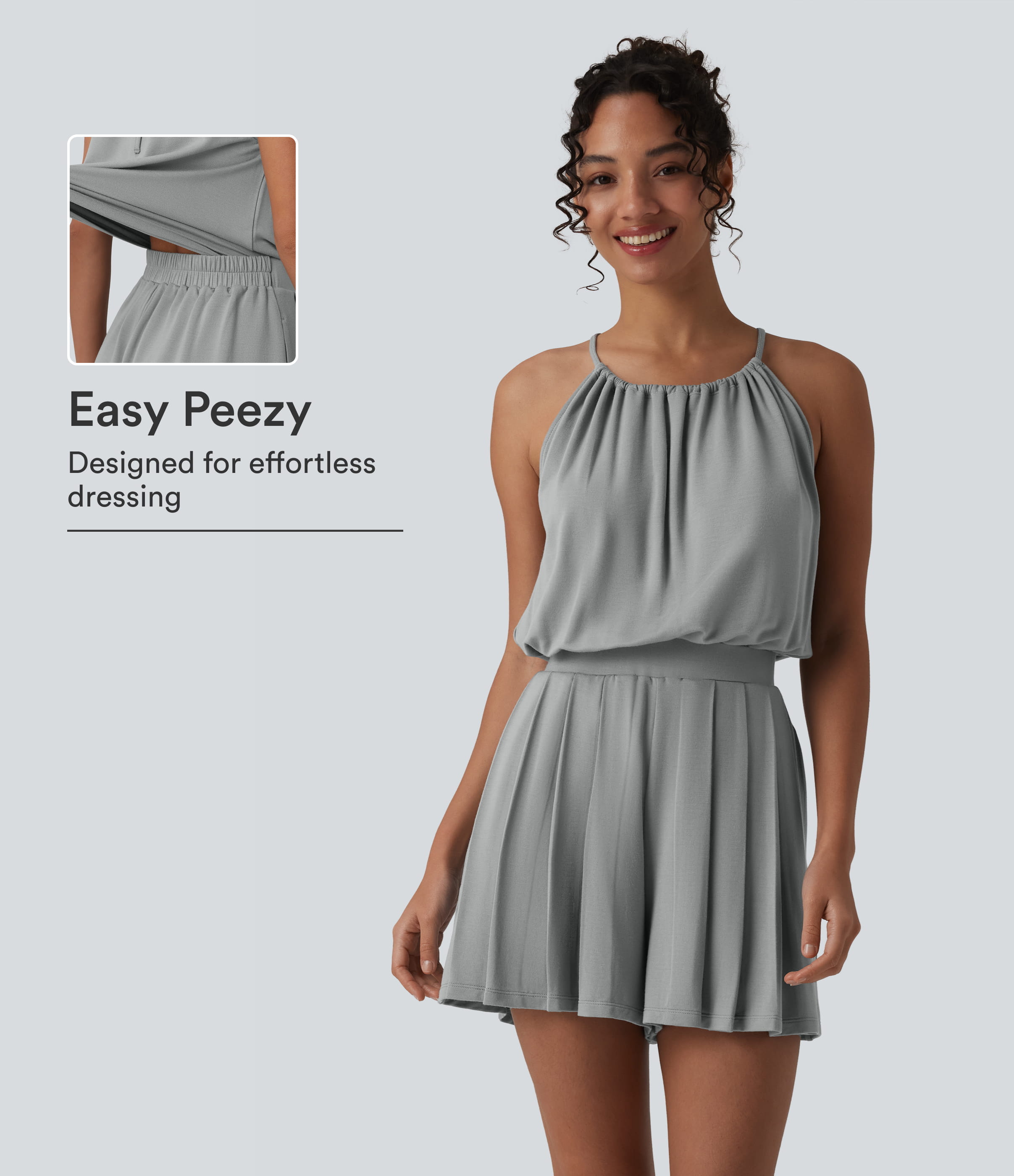 Halter Sleeveless Tie-back Pleated Casual Romper with Pockets-Easy Peezy  - Mist Grey