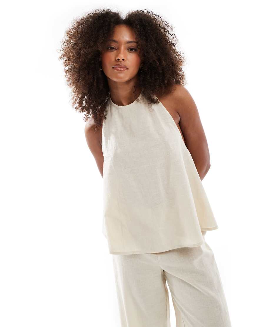 Esmée Exclusive high neck longline linen mix beach top in beige-Neutral
