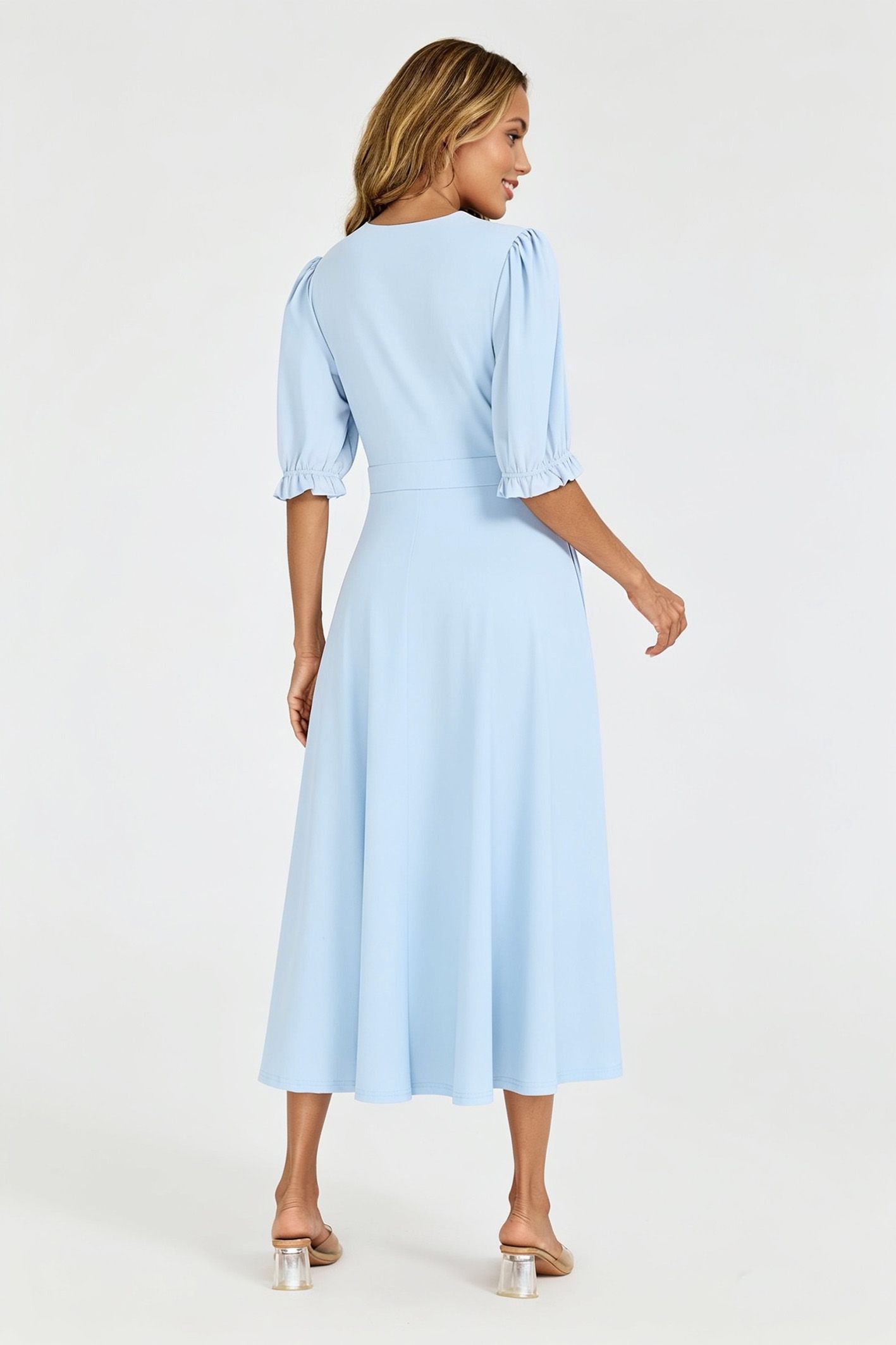 Fs Collection Half Sleeves Jersey Midi Dress With Wrap Neckline In Pale Blue