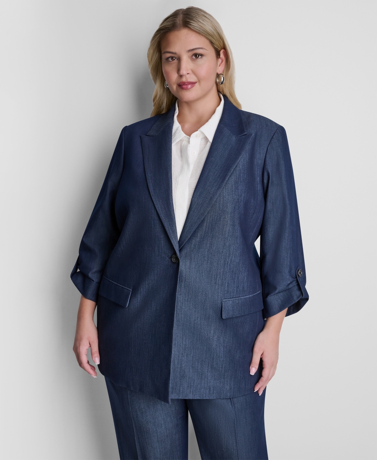 Plus Size Long-Sleeve One Button Roll Cuff Jacket - Dark Navy