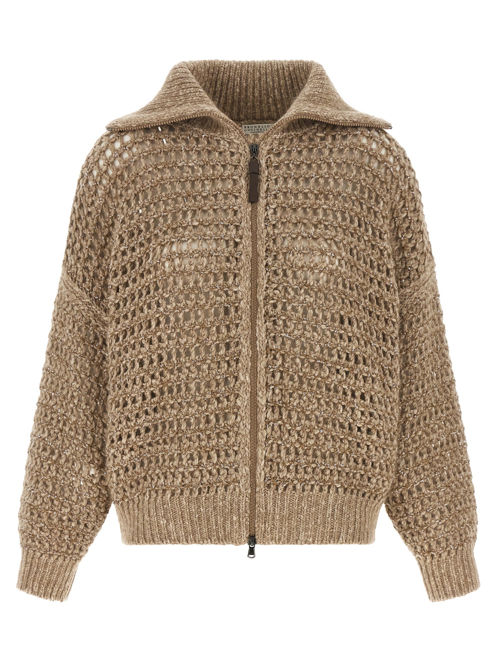 Sequin-Embellished Mesh Cardigan — Beige