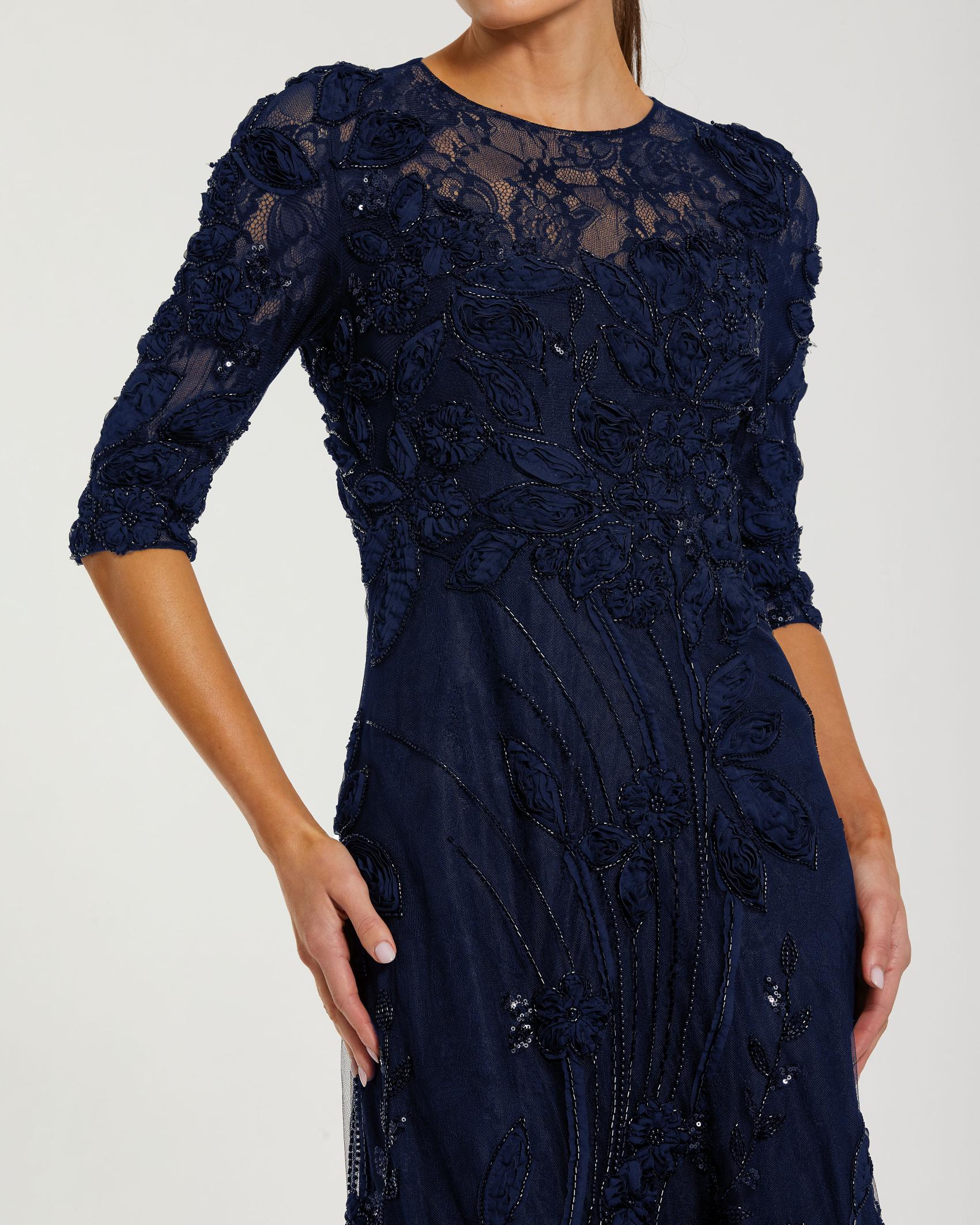 Navy High Neck Embellished Lace Wedding Guest Maxi Gown with 3/4 Sleeves