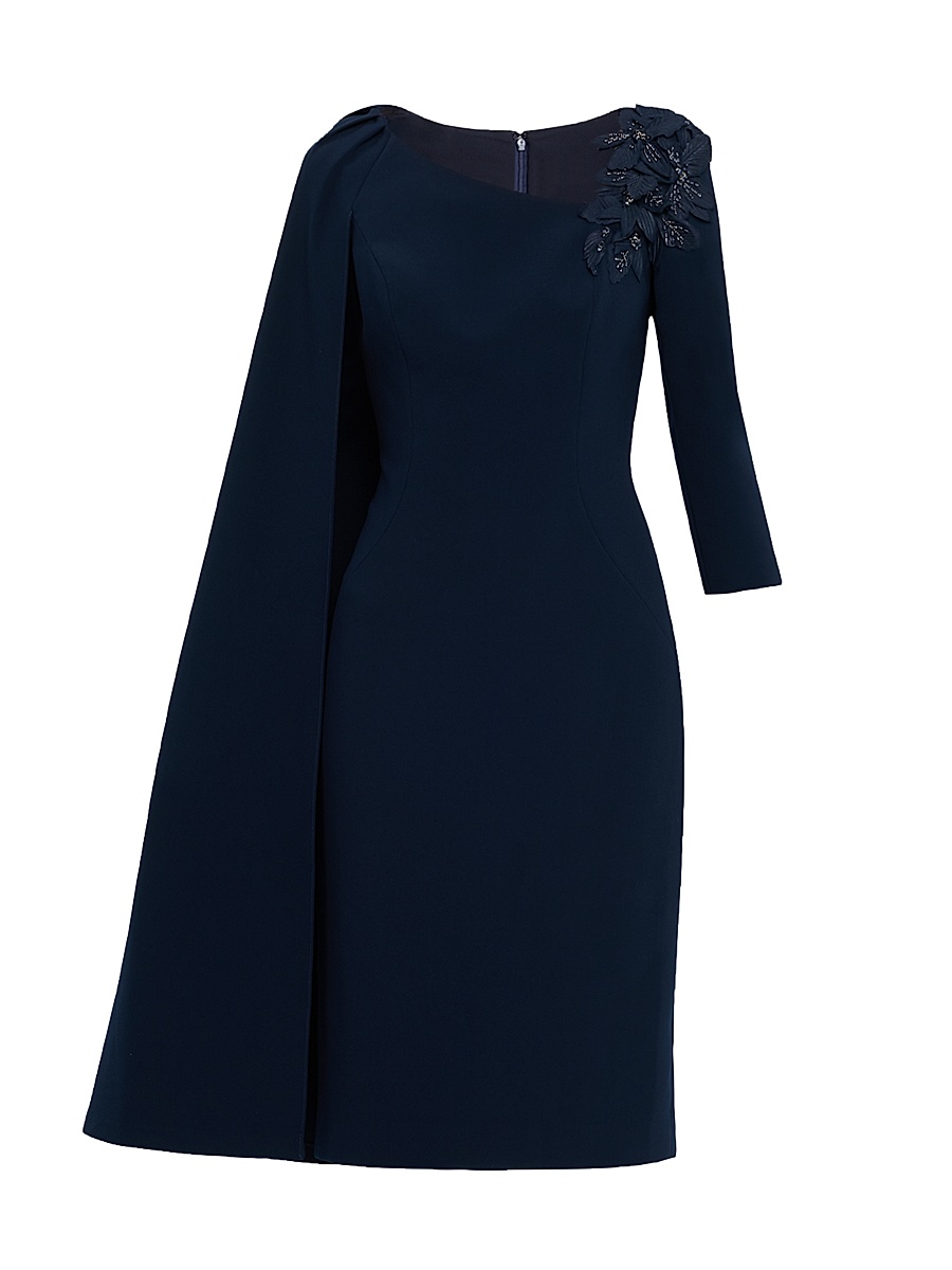 Women's Cape-Sleeve Crepe Asymmetric Knee-Length Dress - Navy