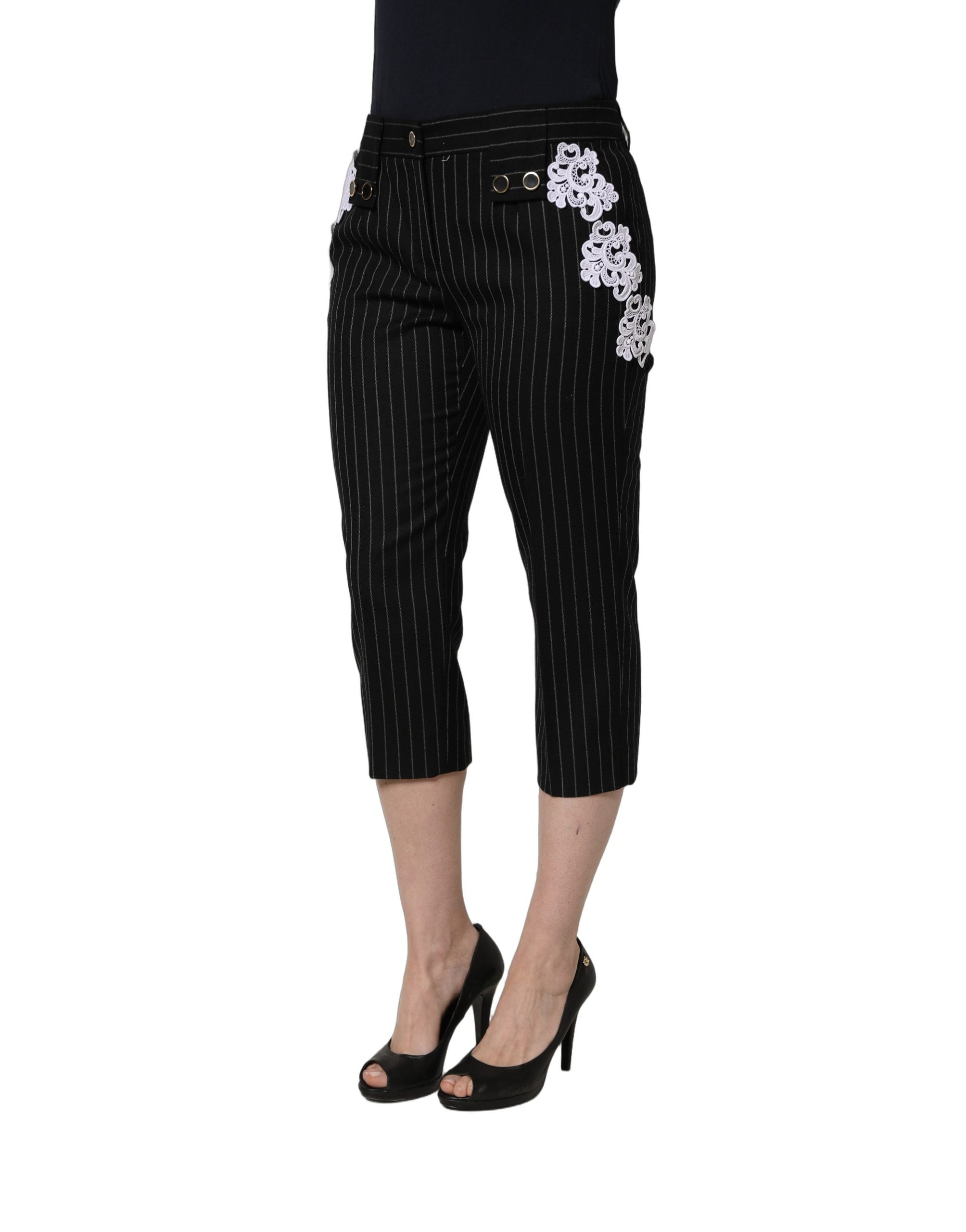 Lace-Appliqué Pinstripe Wool Cropped Trousers — Black