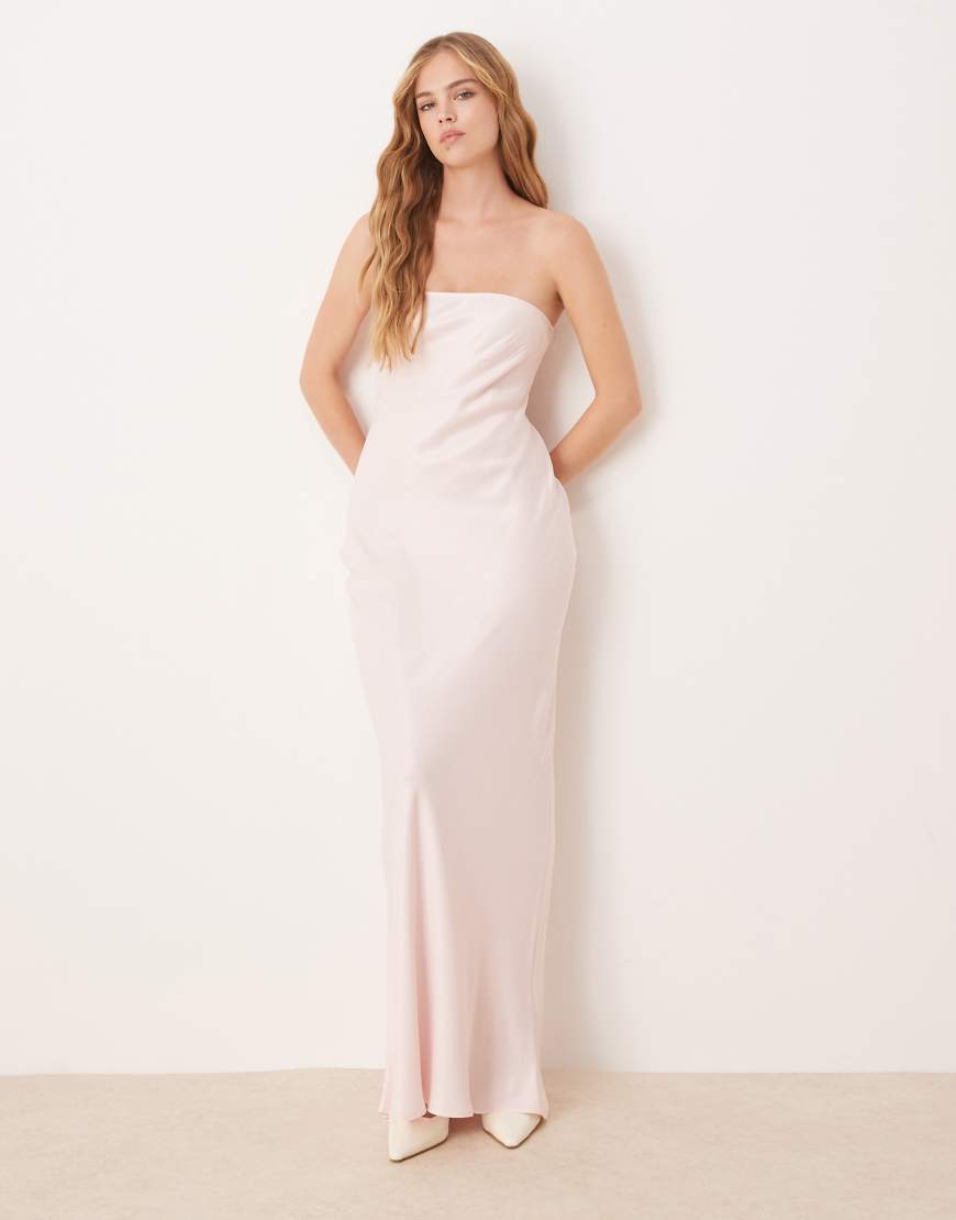 Satin bandeau bias cut maxi dress in pink