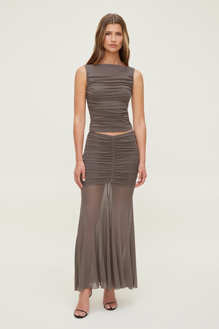 Ruched Mesh Maxi Skirt - Brown - Women Clothing