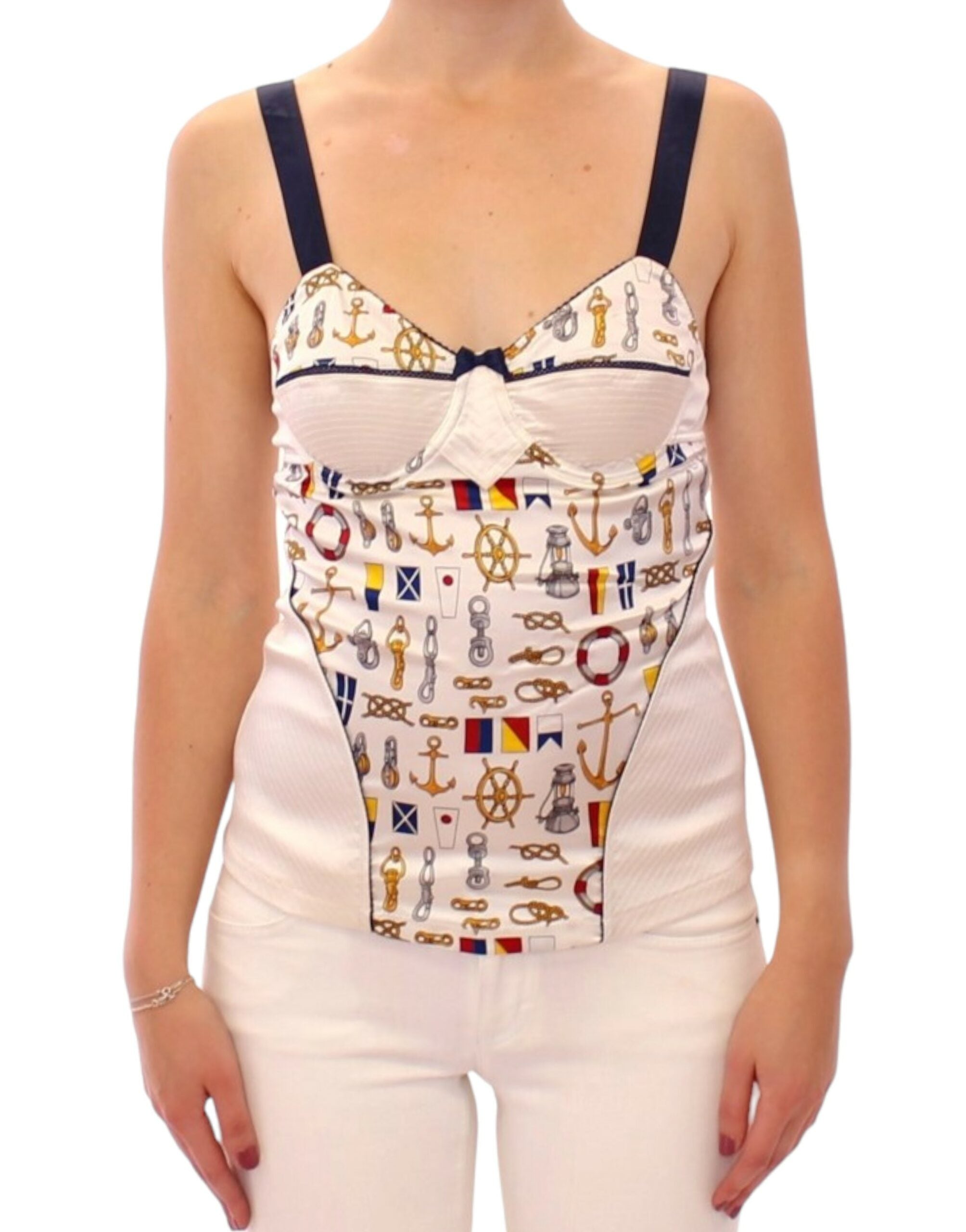 Sailor-Print Stretch Tank Top — White