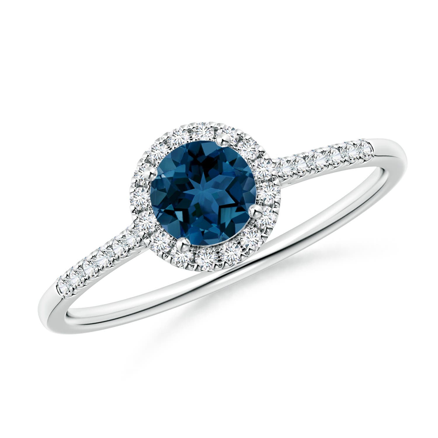Angara 0.6 Carat Round London Blue Topaz Halo Ring with Diamond Accents in Platinum