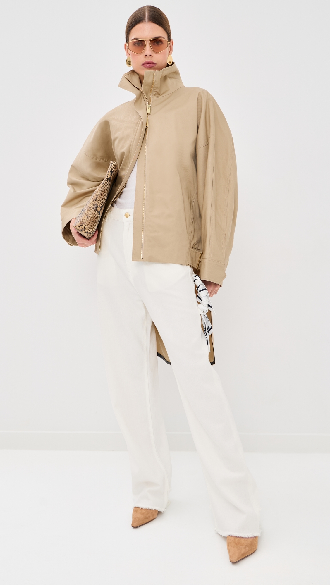 Lisa Scarf Adorned Loose Fit Carpenter Denim Jeans Washed White