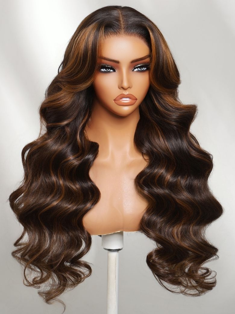 UNice 7x5 Bye Bye Slip™ Lace Rich Dark Chocolate Brown with Warm Caramel/Cinnamon Highlights Body Wave Wig