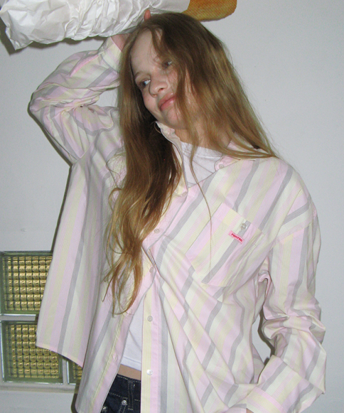 BUTTON POCKET OVERSIZED SHIRT PINK STRIPE