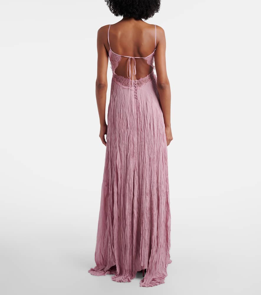 Lace-trimmed plissé georgette gown