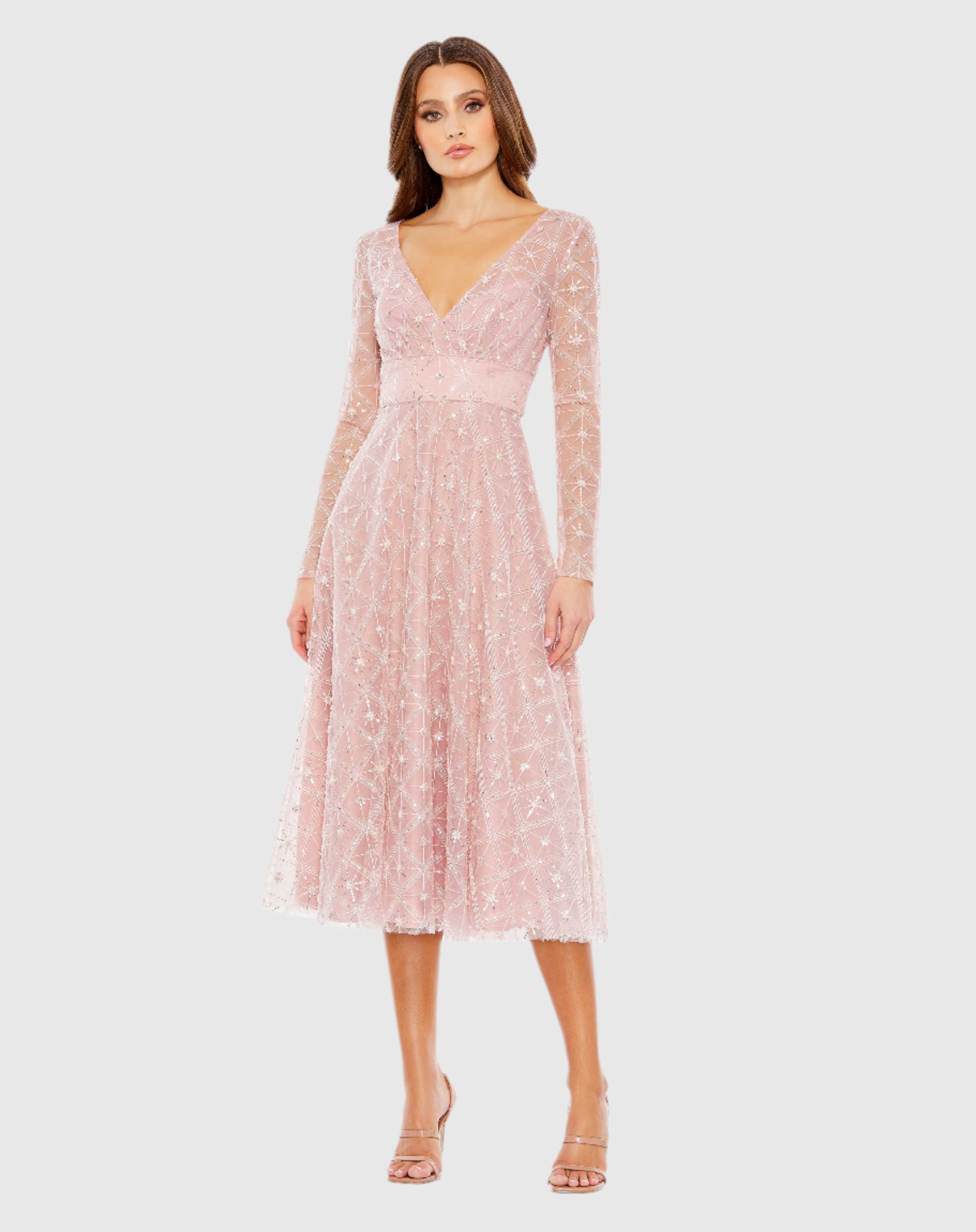 Embellished Illusion Long Sleeve Dress In Rose