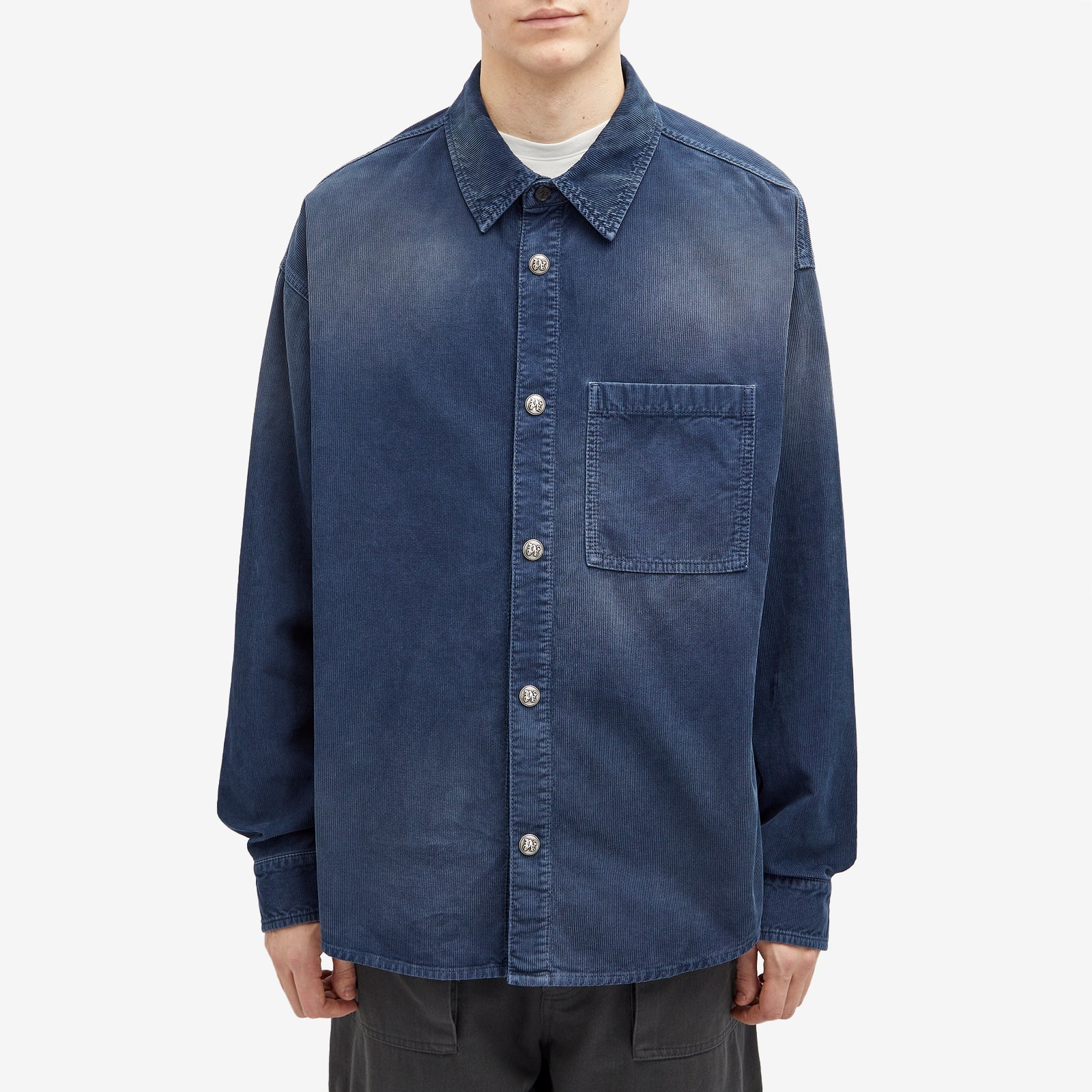 Men's Curved Logo Corduroy Overshirt in Navy Blue