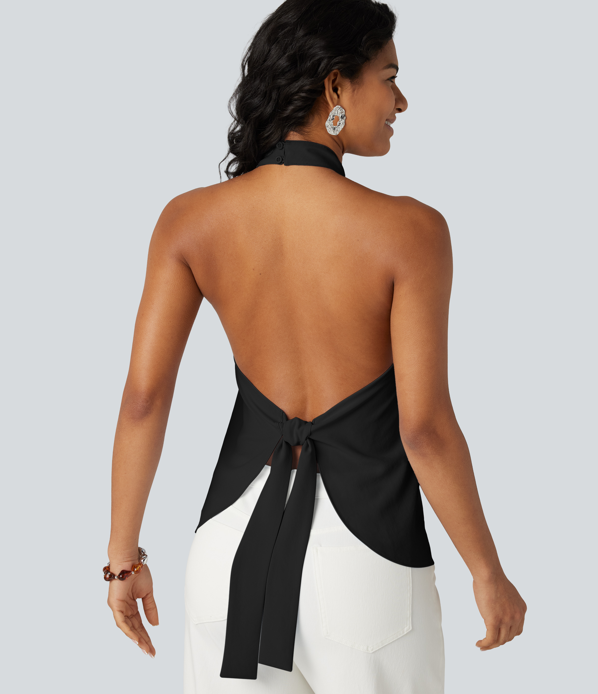 Backless Tie-back Casual Halter Top Tank Top - Black