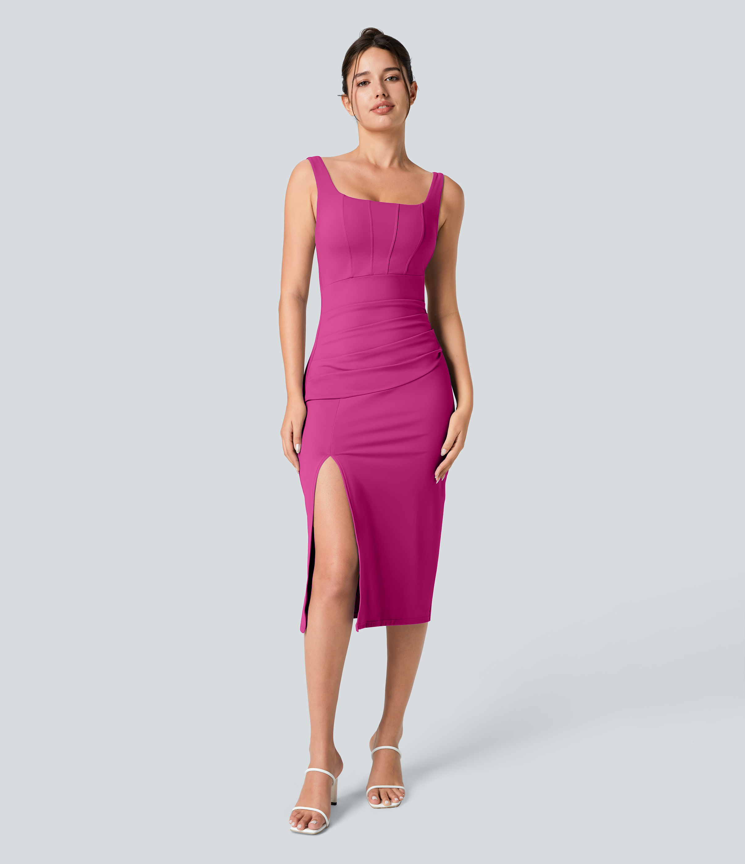 Softlyzero™ Airy Square Neck Backless Corset Ruched Split Bodycon Midi Cool Touch Bridesmaid and Wedding Guest Dress Casual Dress - Fuchsia Fedora