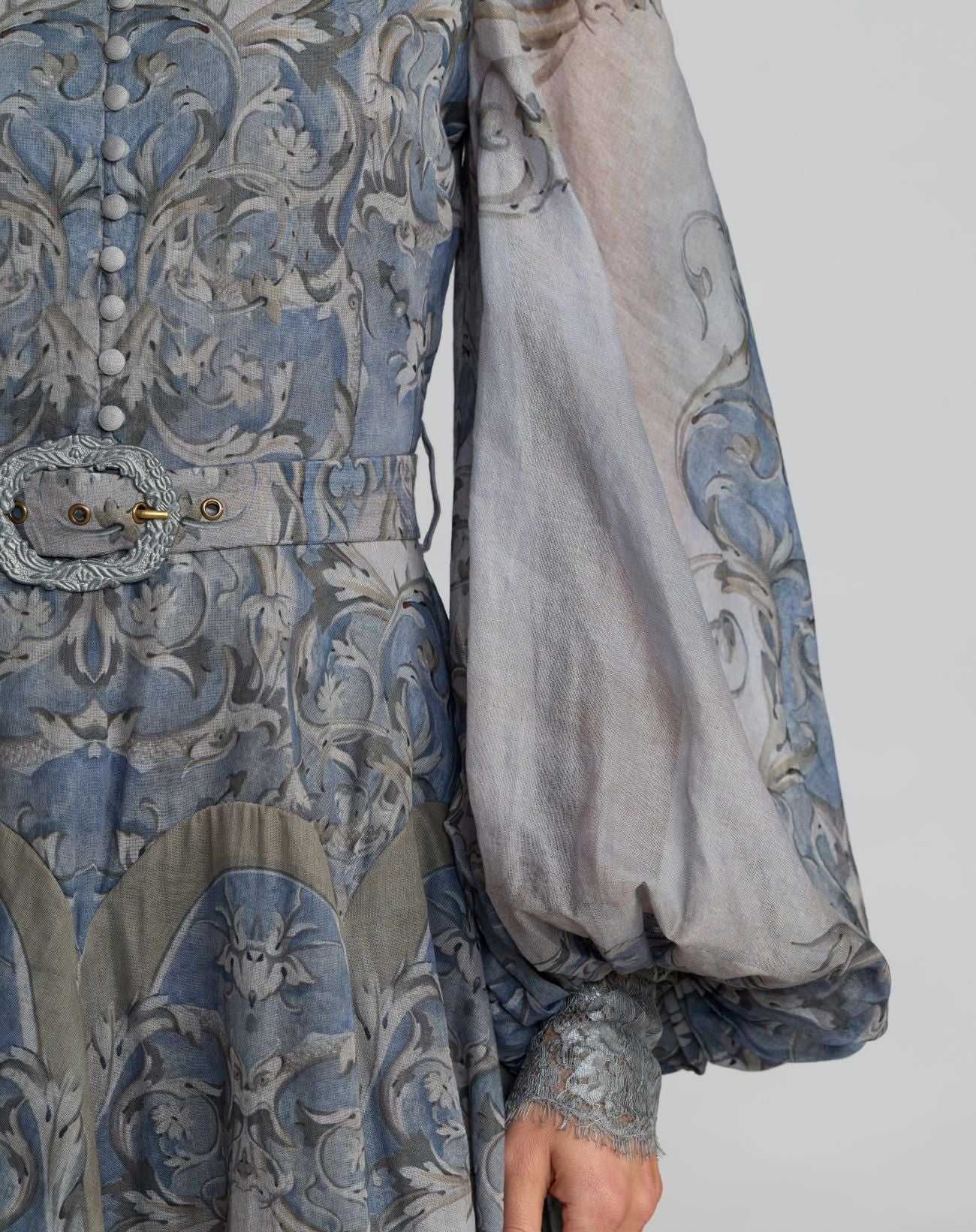 Gray Bishop Sleeve Printed Cotton A-Line Dress