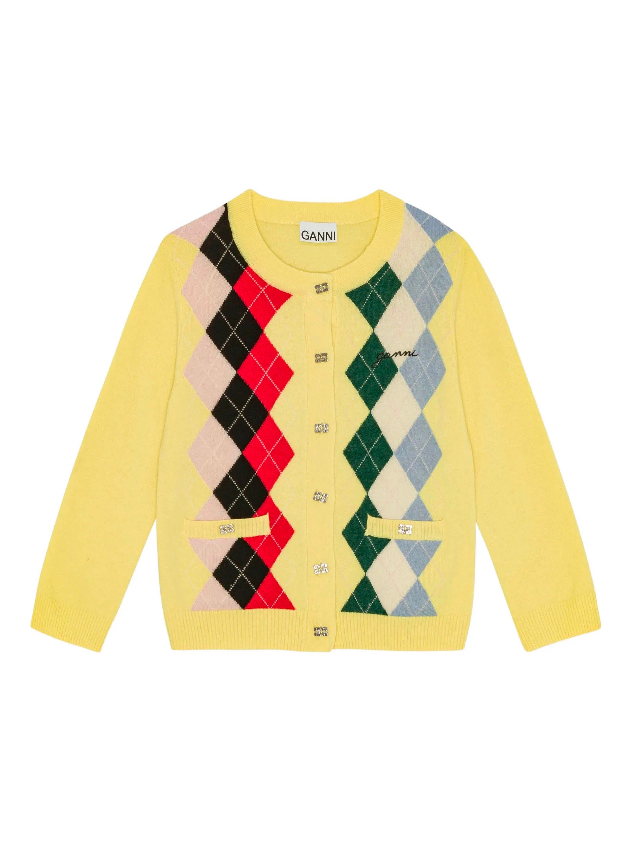 Round-Neck Long-Sleeve Cardigan with Checkered Pattern, Silver Button Closure & Pockets