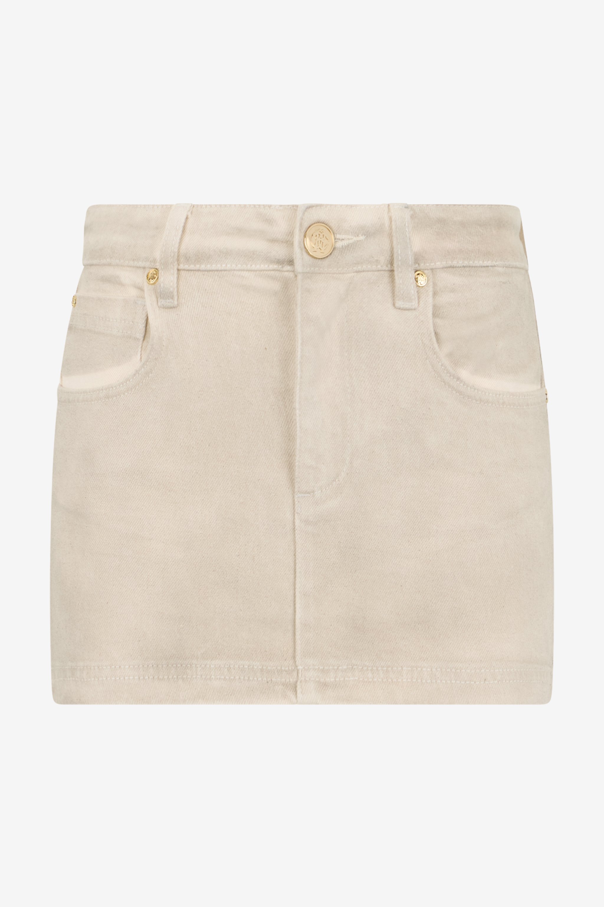 Beige Denim Mini Skirt With Rhinestone Embellishment
