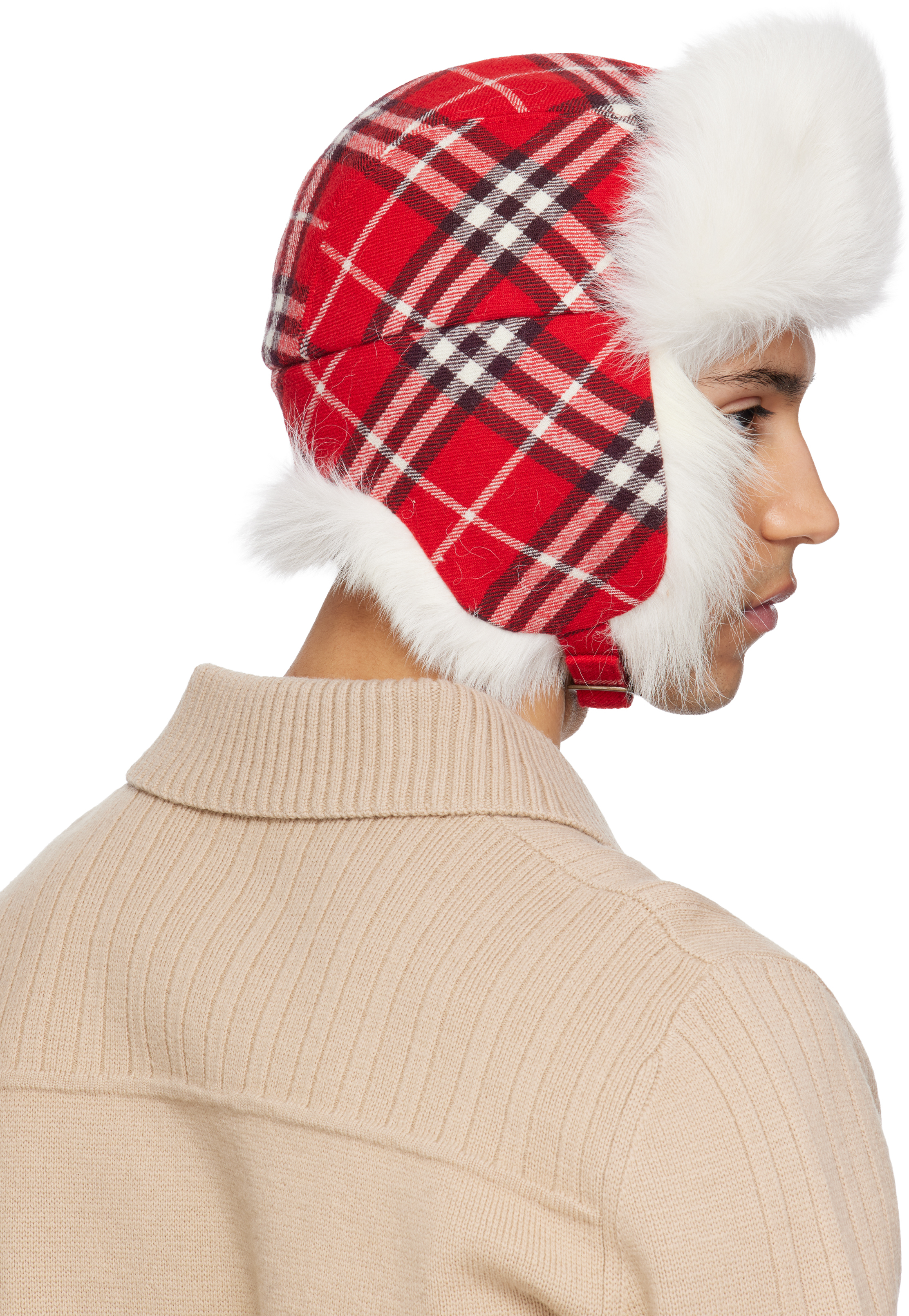 Red & Off-White Check Wool Trapper Hat