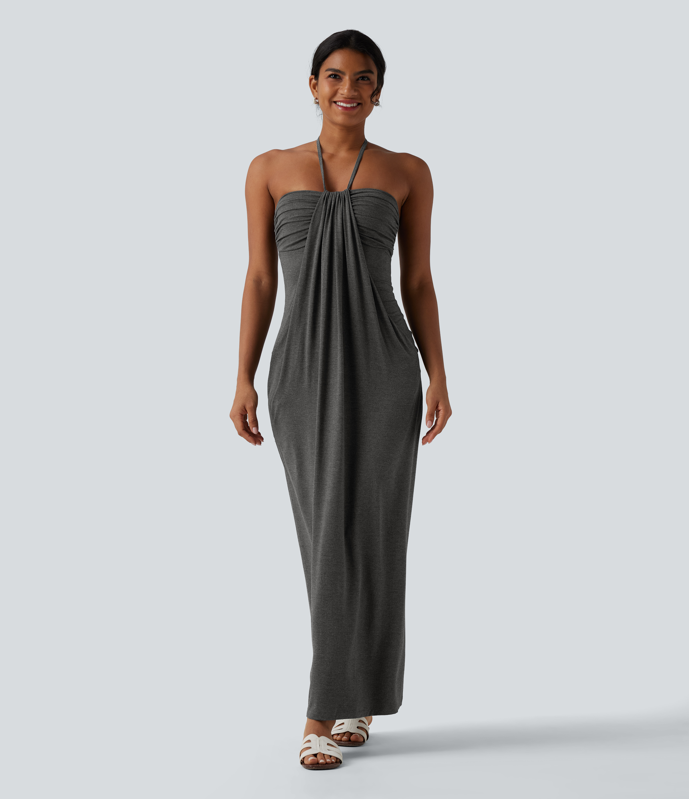 Halter Tie Back Maxi Dress with Pockets Casual Dress - Darl Gray Floral Yarn