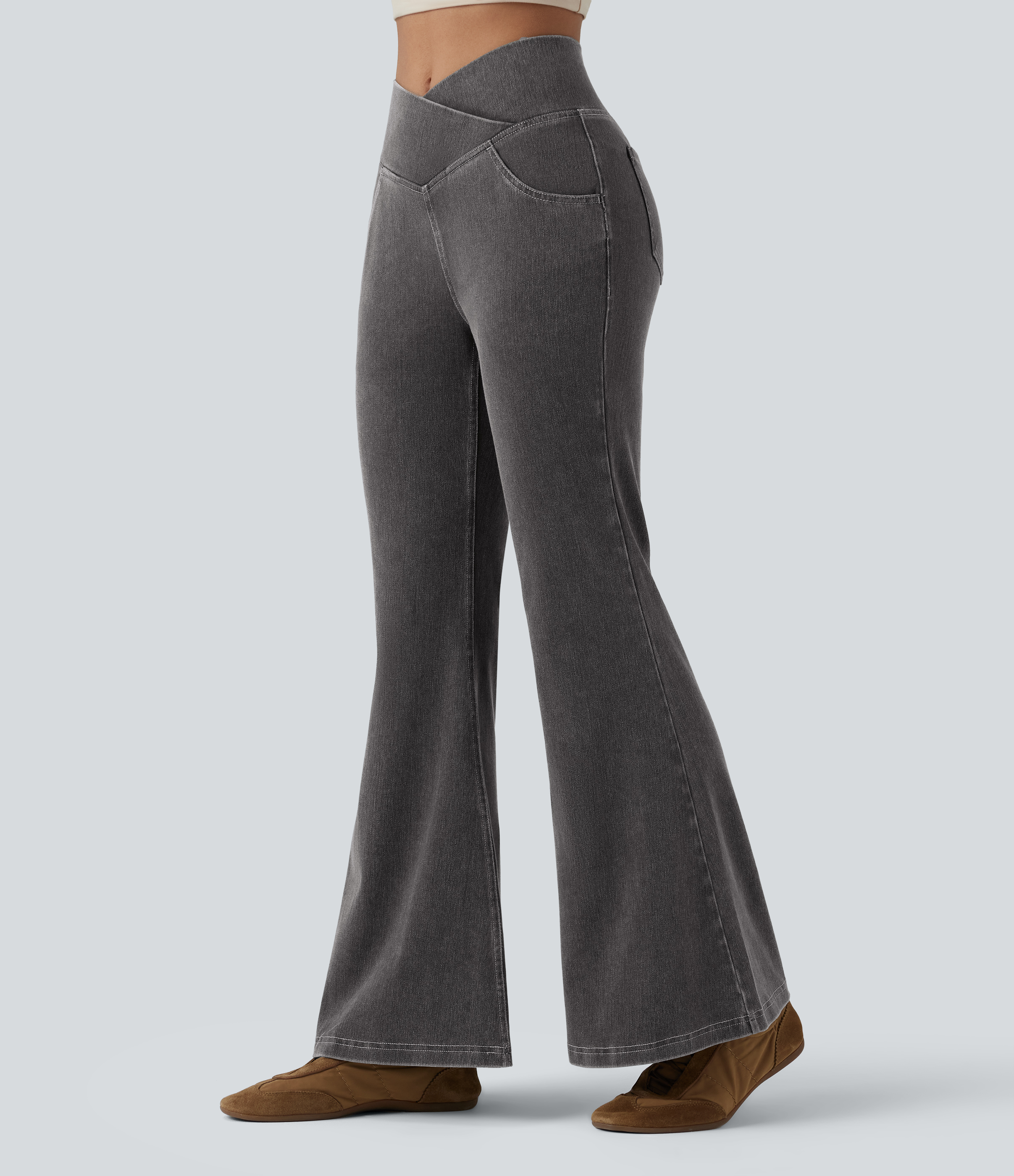 Flex™ High Waisted Crossover Pocket Washed Casual Jeans  - Cool Gray Denim