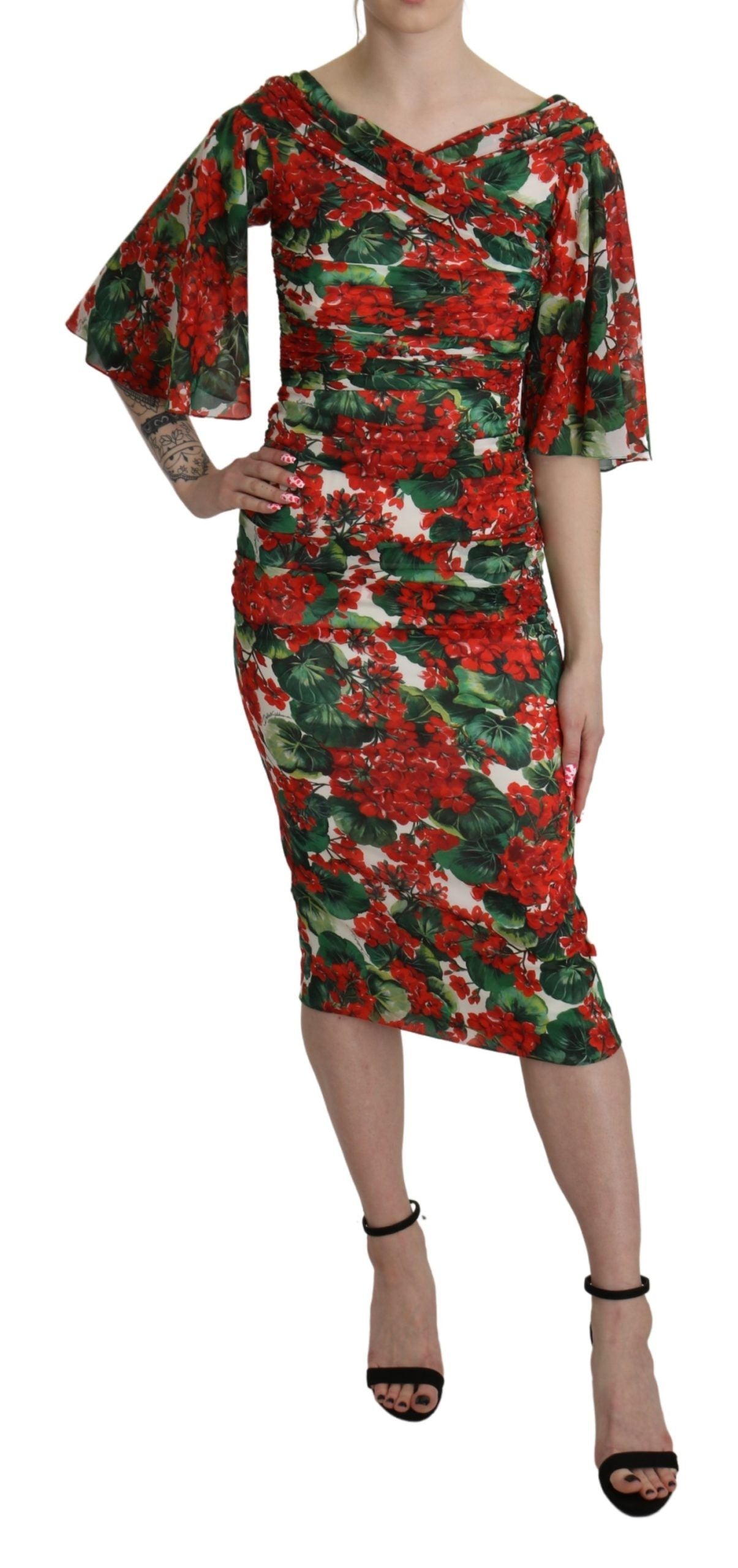 Floral Silk Sheath Dress — Red