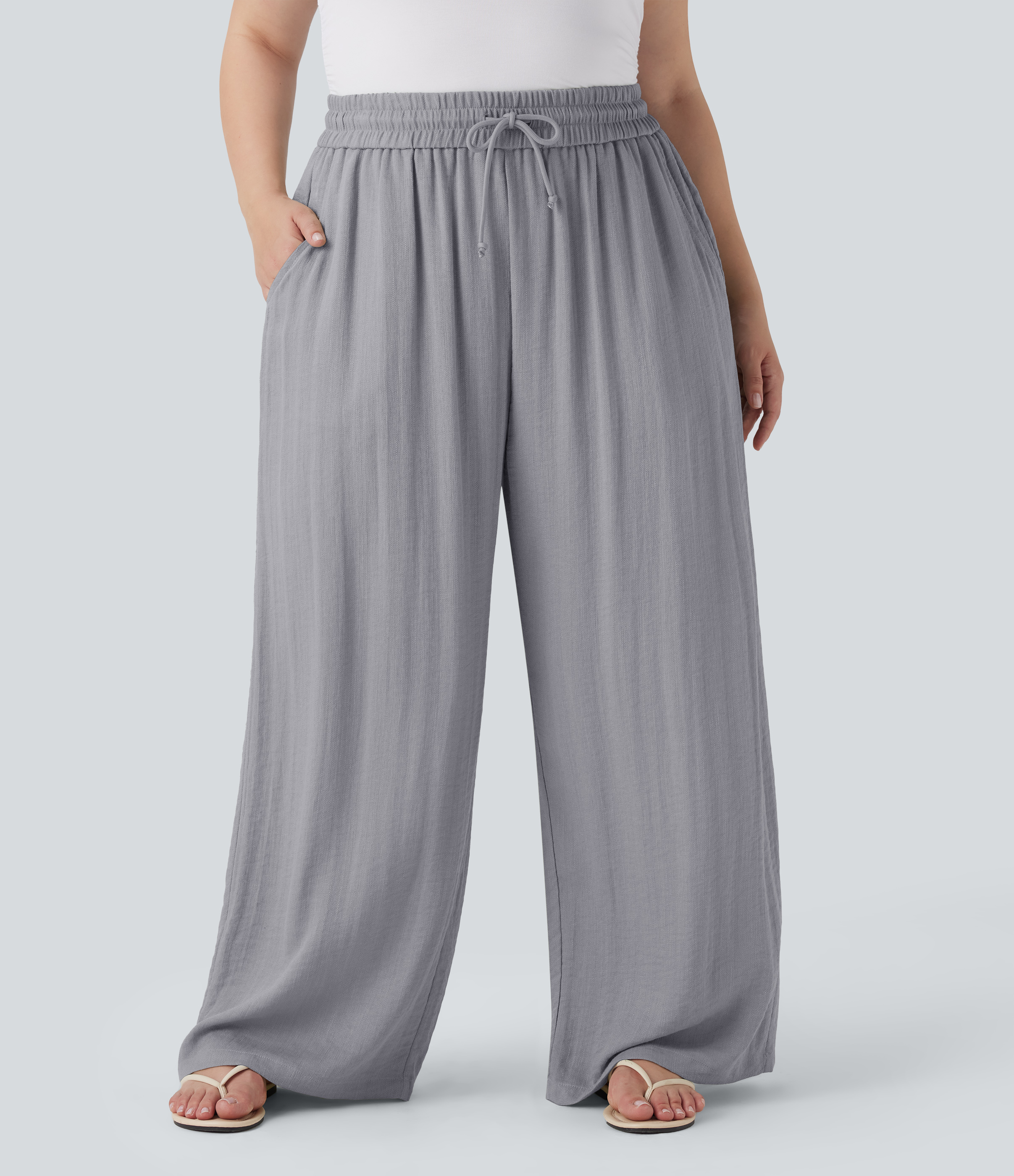 High Waisted Drawstring Linen-Feel Wide Leg Casual Plus Size Pants with Pockets  - Steel Gray