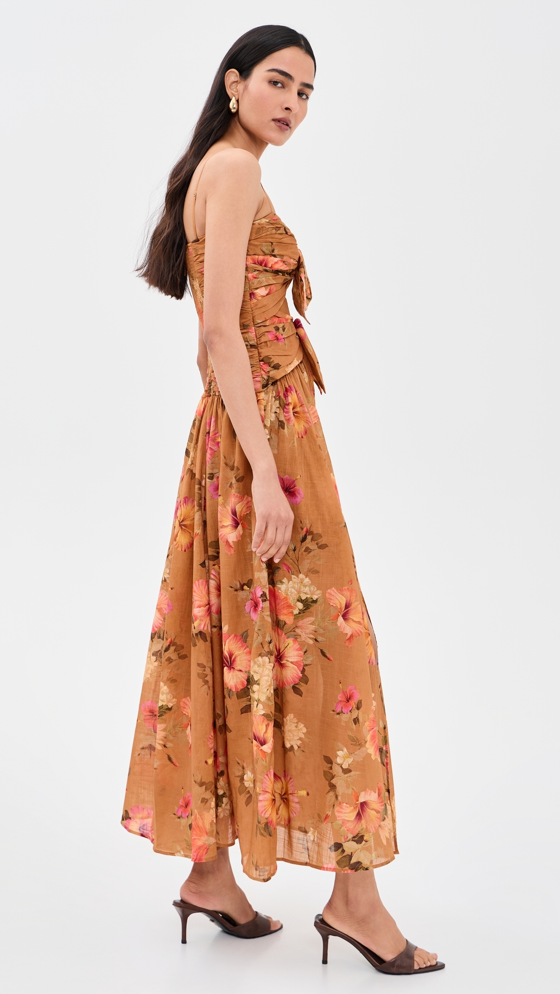 Mahon Tie Front Midi Dress Tan Hibiscus