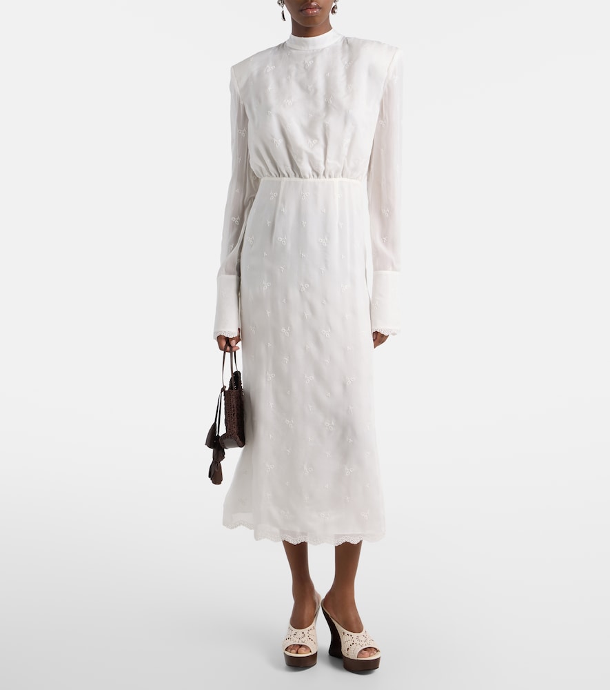 Embroidered silk, wool and cotton-blend midi dress