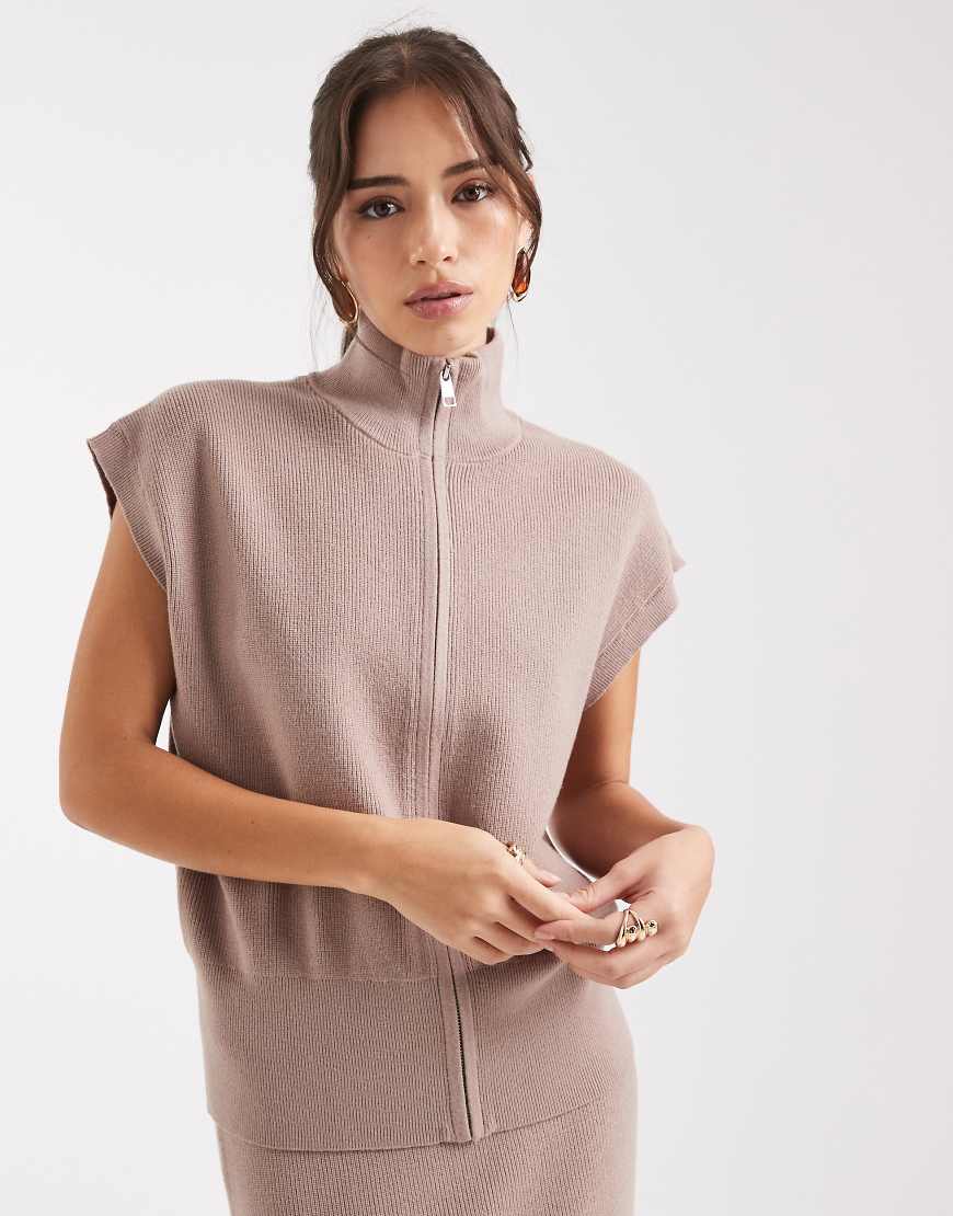 Zip up high neck short sleeve jumper co-ord in taupe-Neutral