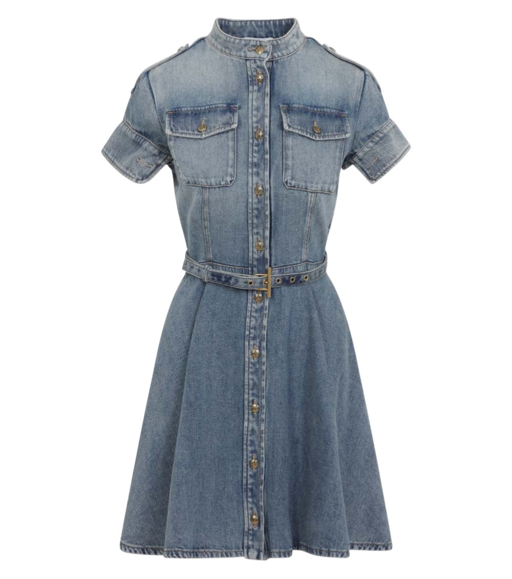Light Blue Mock Collar Belted Mini Dress