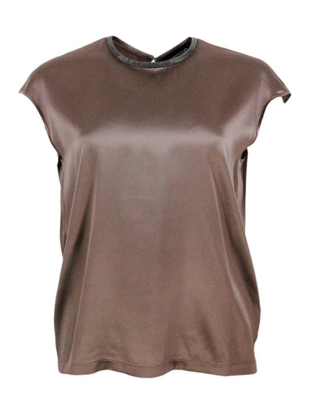 Sleeveless Crew-neck Stretch Silk Top Embellished With Rows Of Sparkling Monili On The Neck